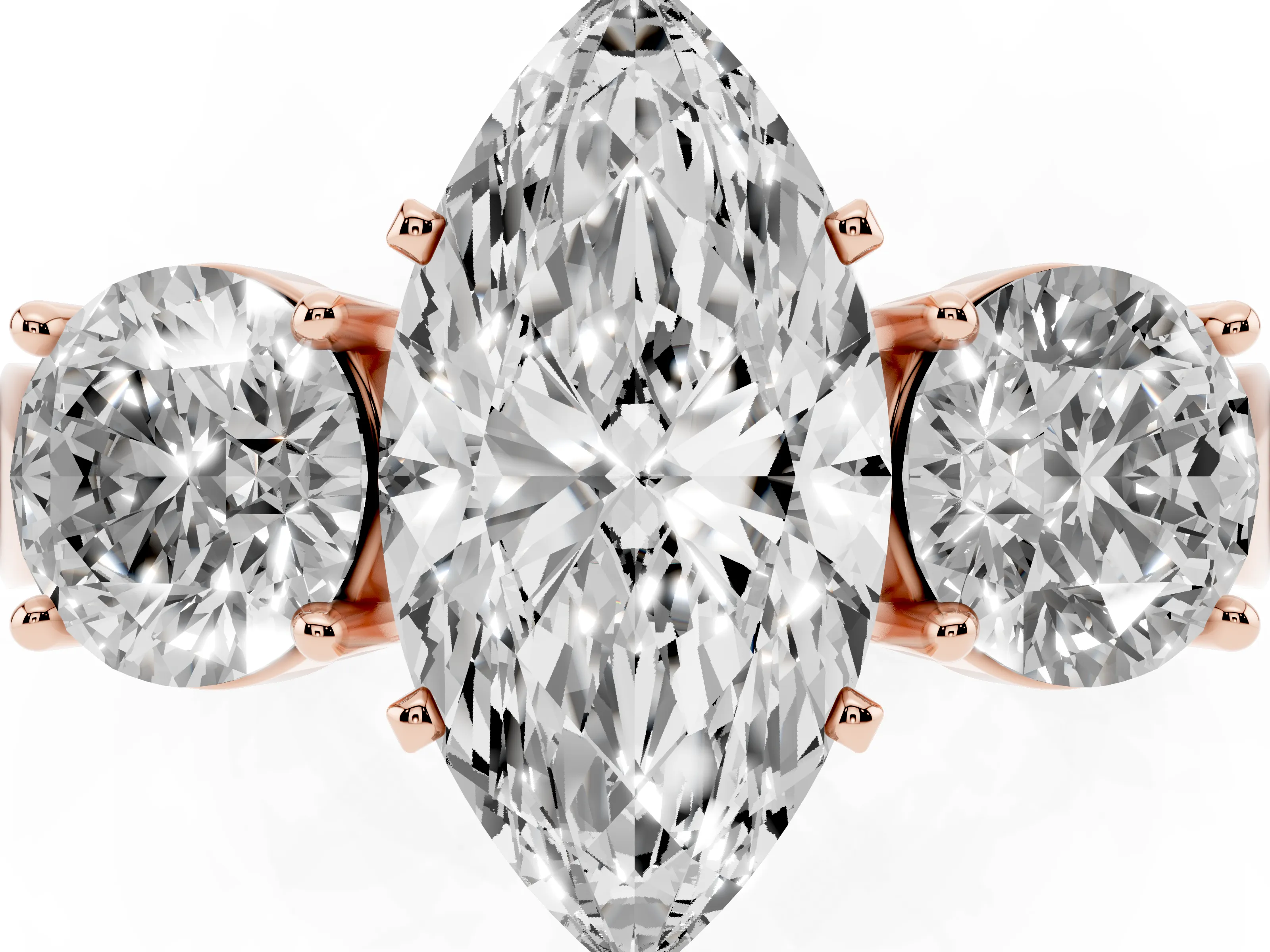 Marquise Cut Diamond Three-Stone Ring Set in Rose gold with Round Side Stones and Classic Band
