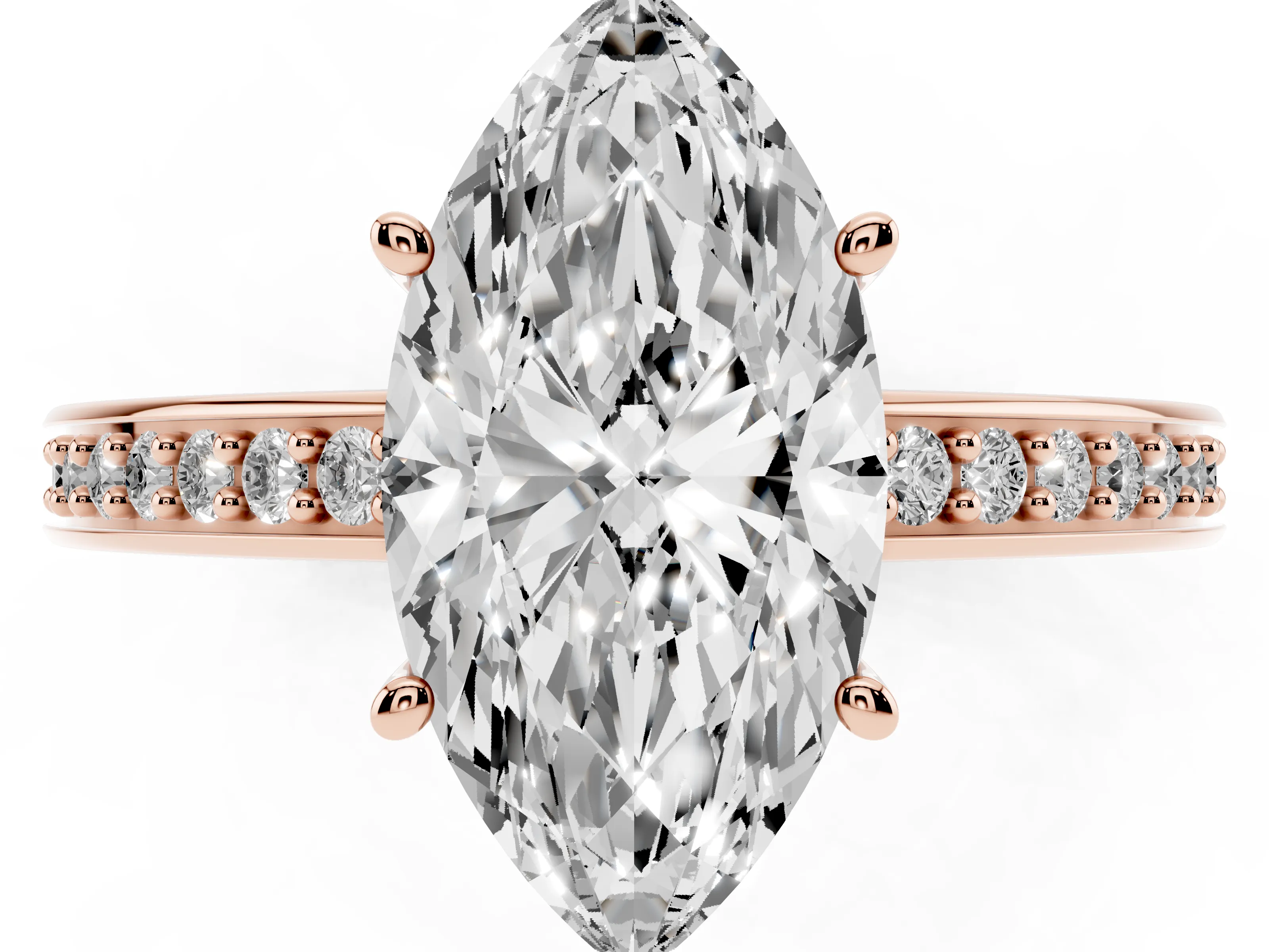 Marquise Cut Diamond Pavé Band Prong Set Solitaire Ring Set in Rose gold