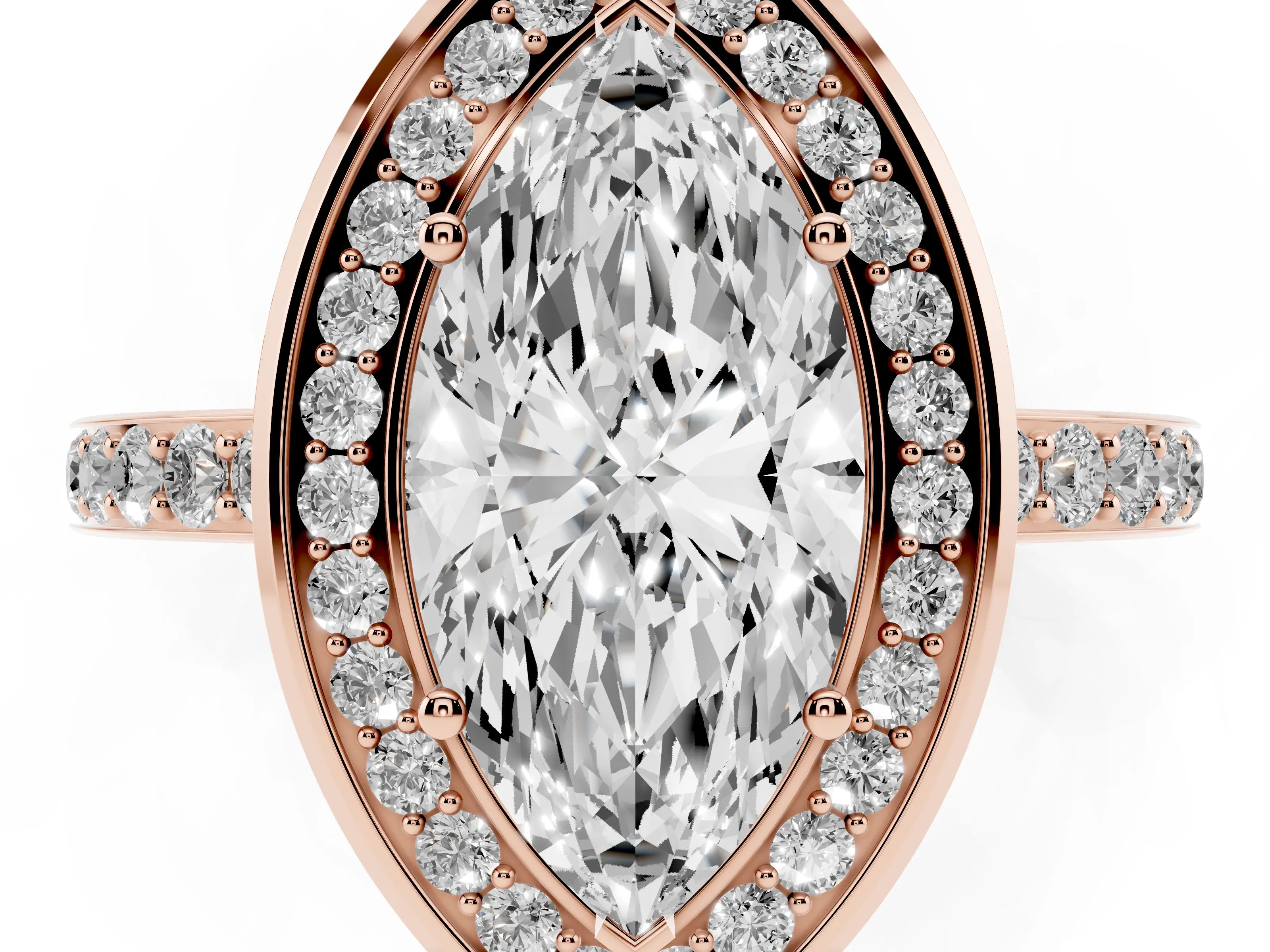 Marquise Cut Diamond Halo Ring Set in Rose gold with Bezel Frame and Pavé Band