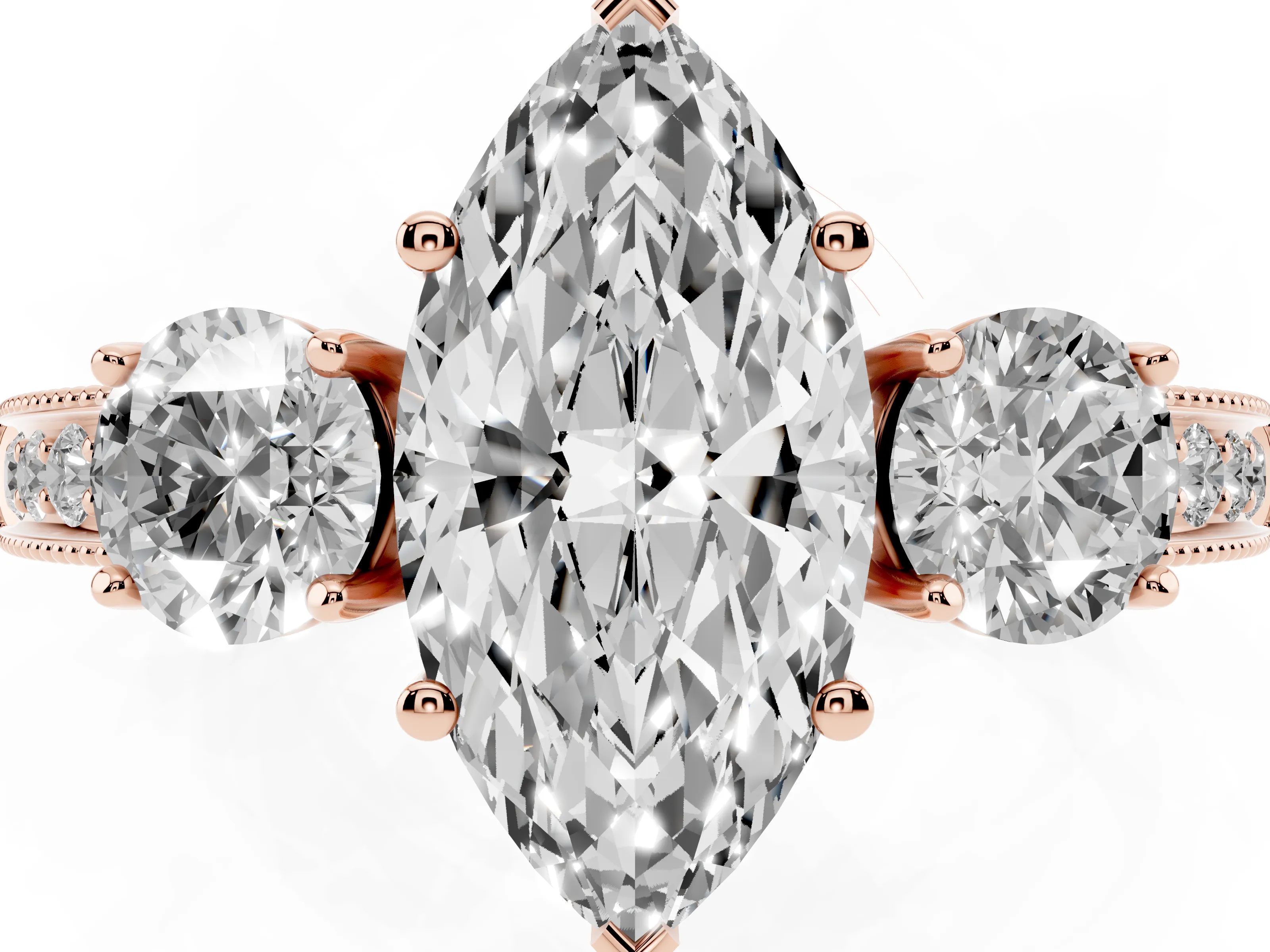 Marquise Cut Diamond Three-Stone Ring Set in Rose gold with Round Side Stones and Pavé Band