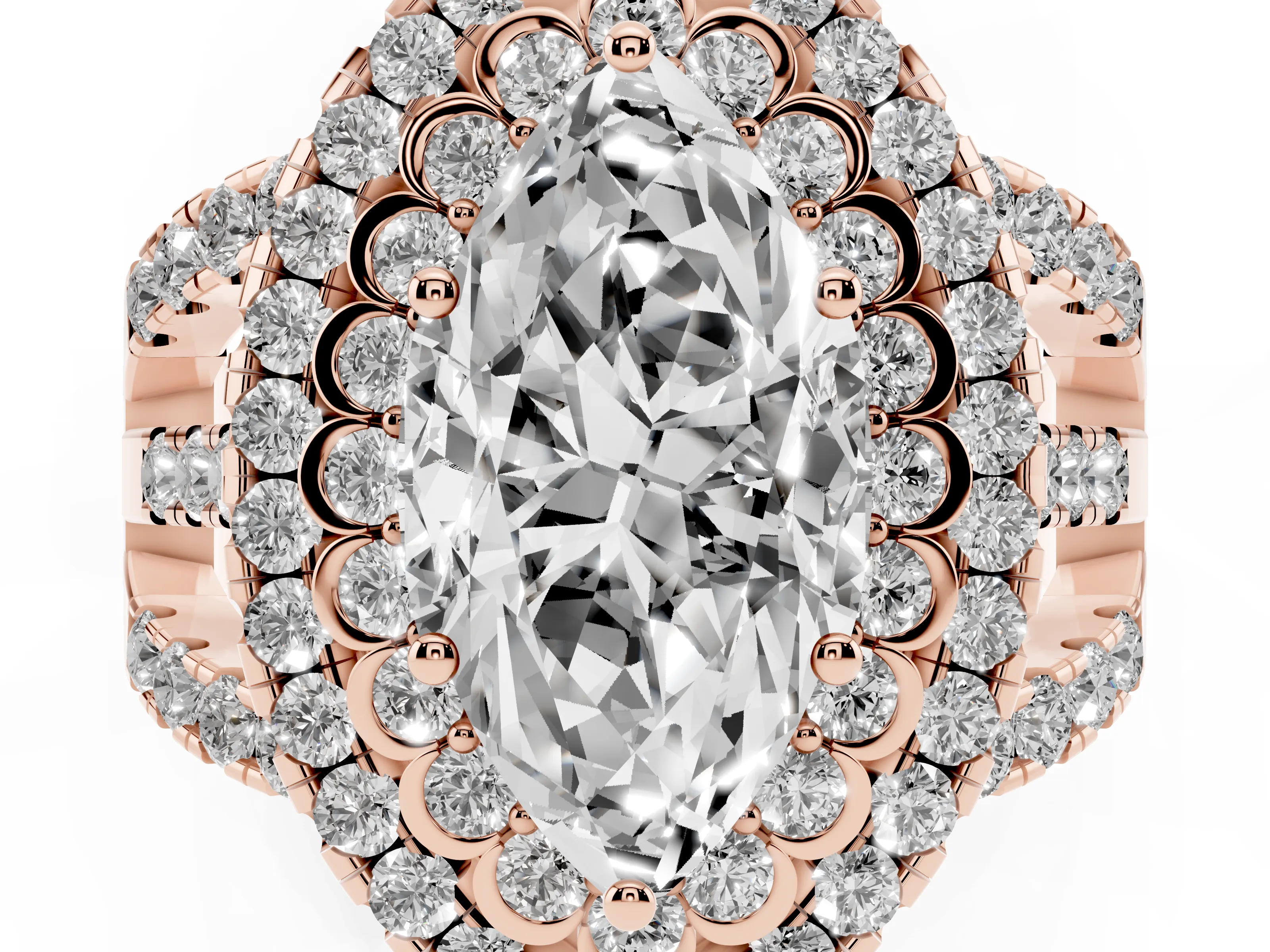 Marquise Cut Diamond Double Halo Ring Set in Rose gold with Round Pavé Split Shank