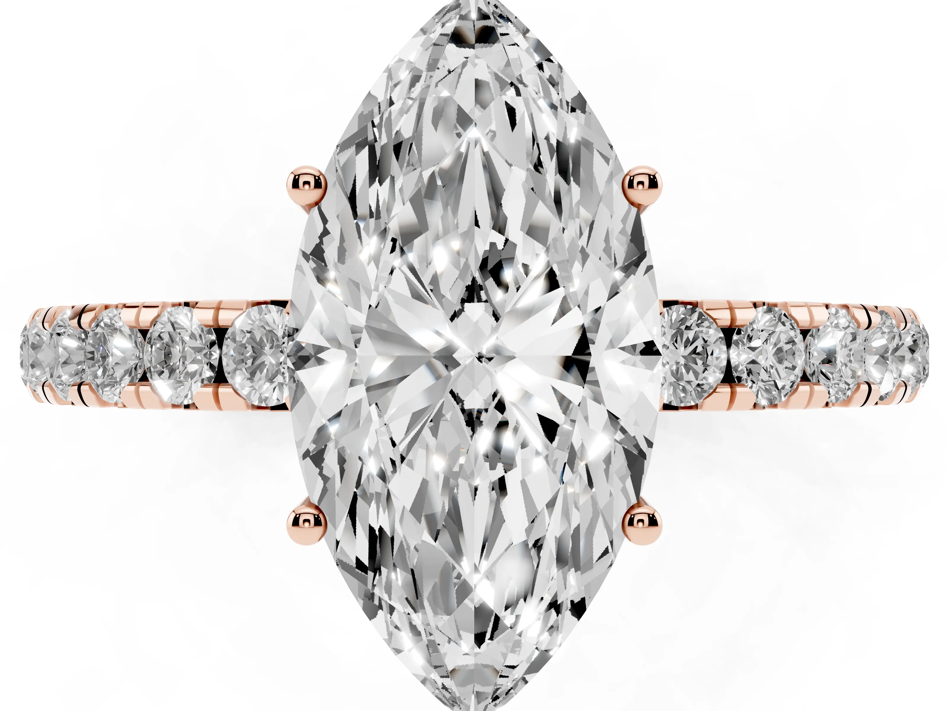 Marquise Cut Diamond Pavé Solitaire Engagement Ring Set in Rose gold with Prong Setting