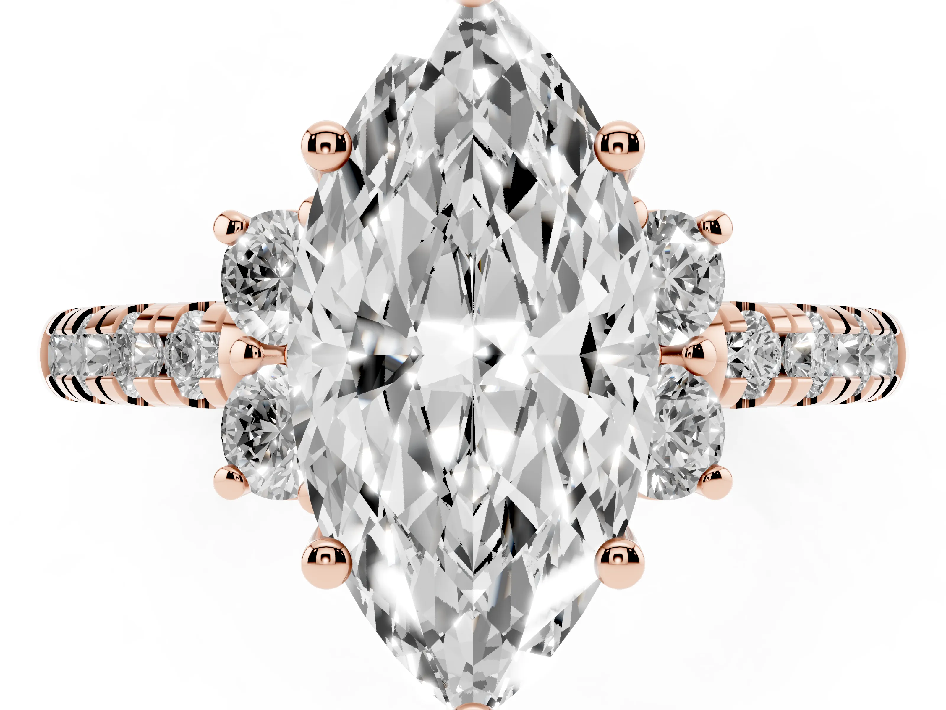 Marquise Cut Diamond Three-Stone Pavé Ring Set in Rose gold with Prong Setting