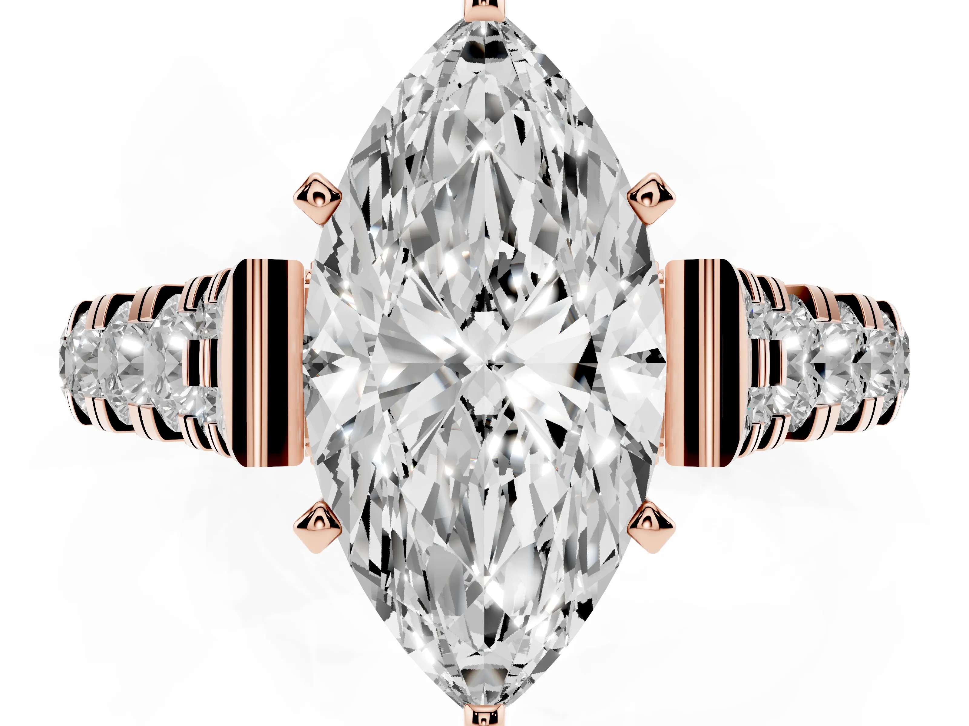 Marquise Cut Diamond Classic Solitaire Ring Set in Rose gold with Pavé Band and Prong Setting