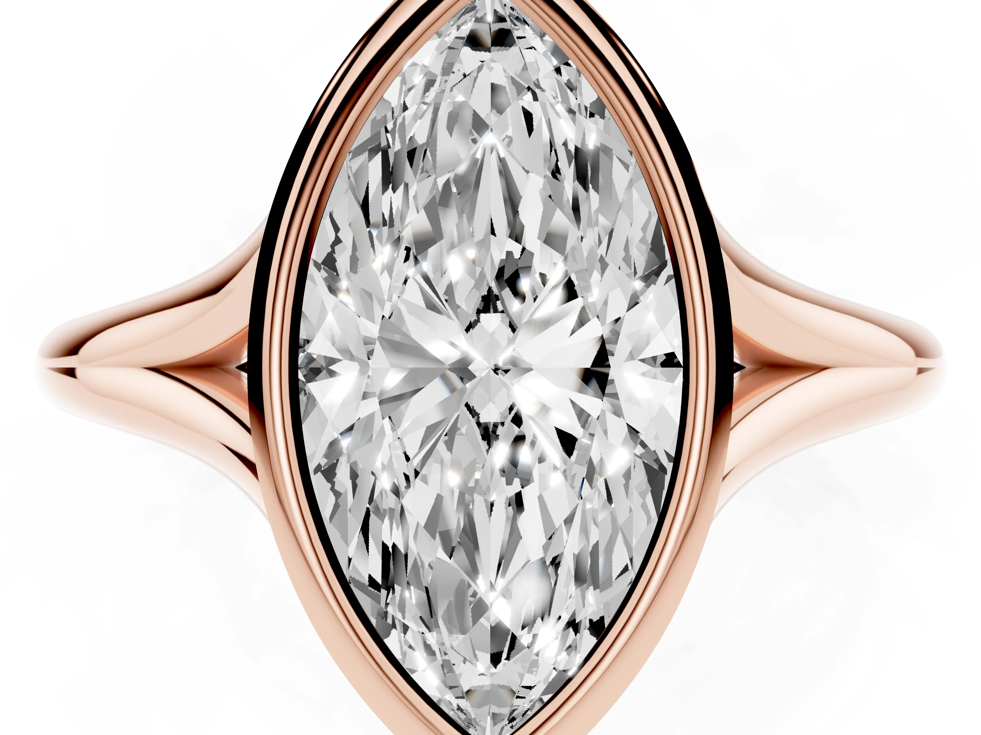 Bezel Set Marquise Cut Diamond Solitaire Ring Set in Rose gold with Tapered Band