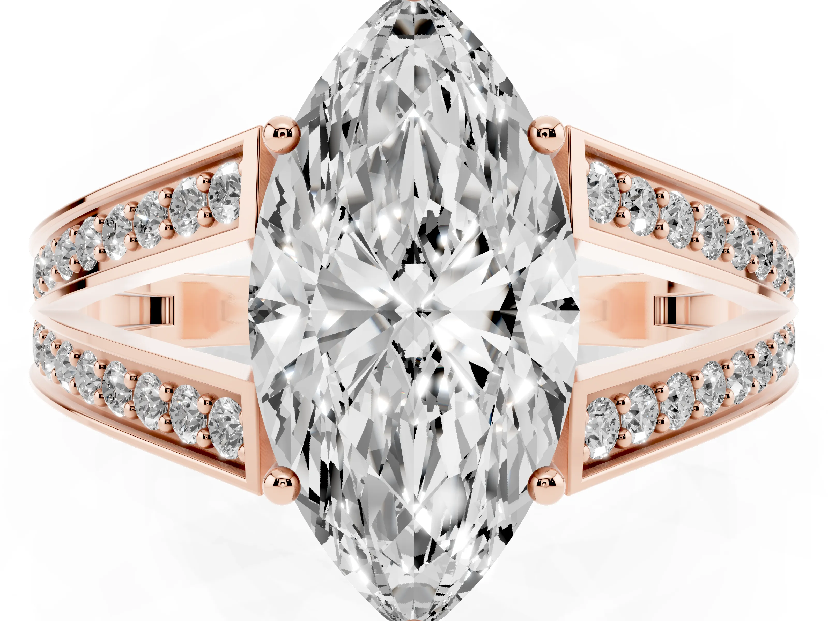 Marquise Cut Diamond Split Shank Ring Set in Rose gold with Pavé Band and Prong Setting