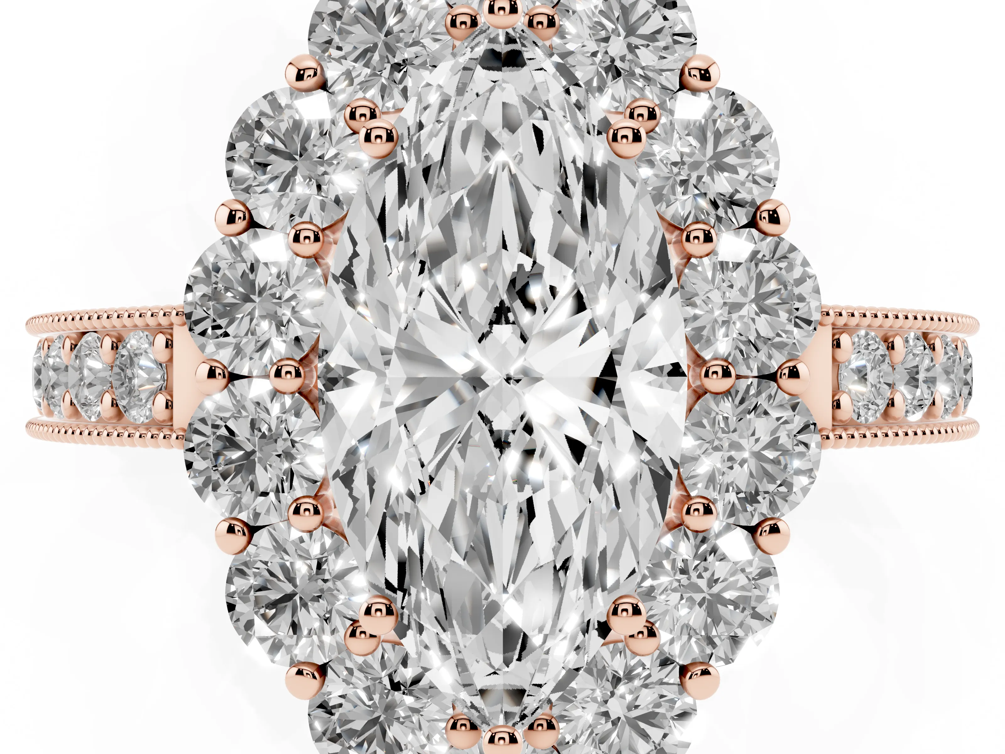 Marquise Cut Diamond Halo Pavé Engagement Ring Set in Rose gold with Milgrain Detailing