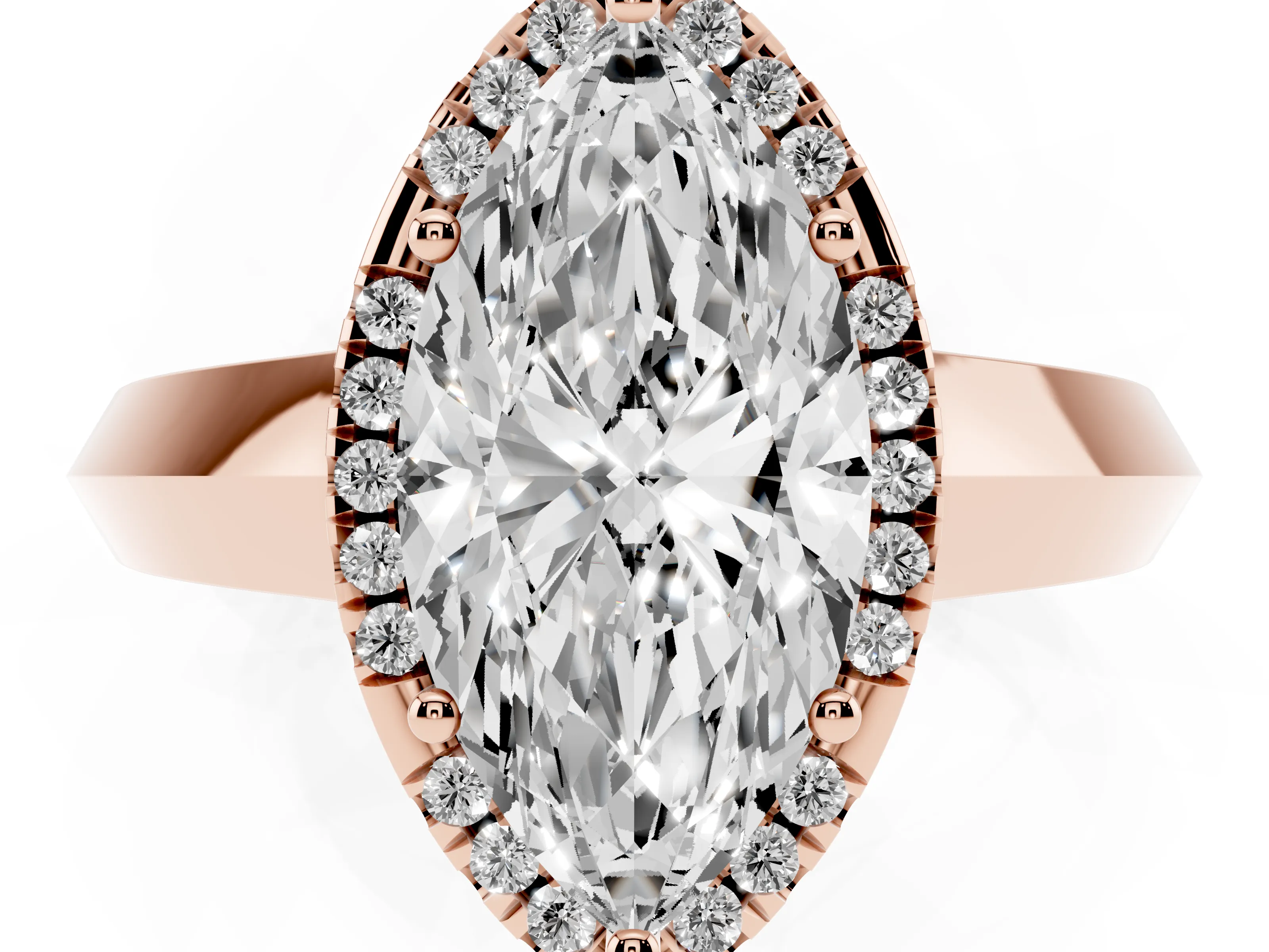 Marquise Cut Diamond Halo Ring Set in Rose gold with Cathedral Band and Prong Setting