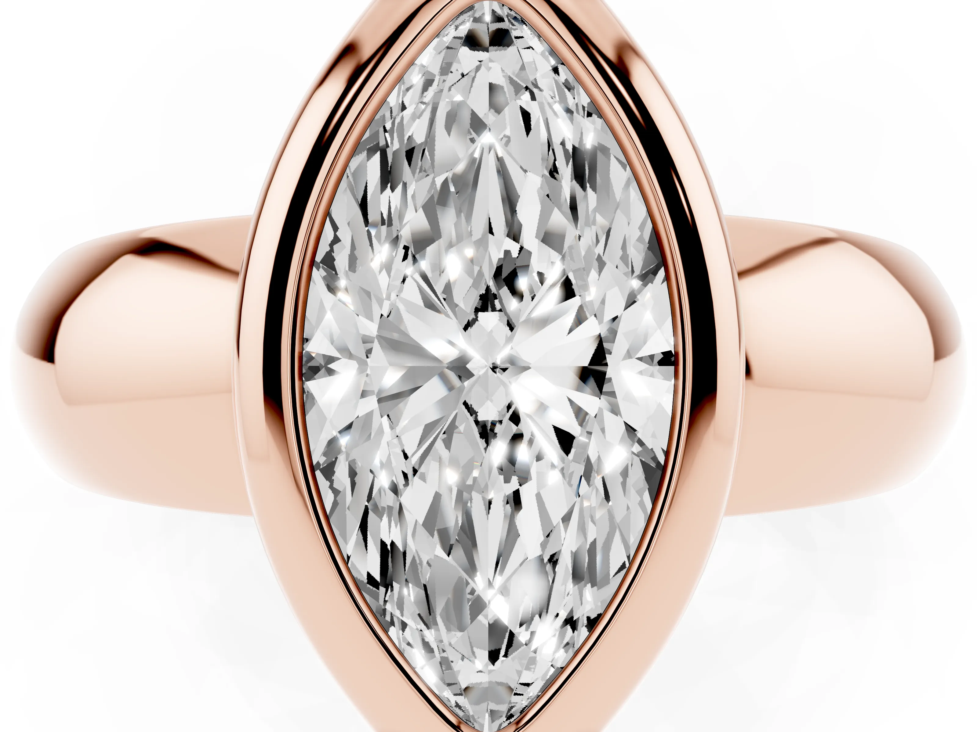 Bezel Set Marquise Cut Diamond Solitaire Ring Set in Rose gold with Wide Band