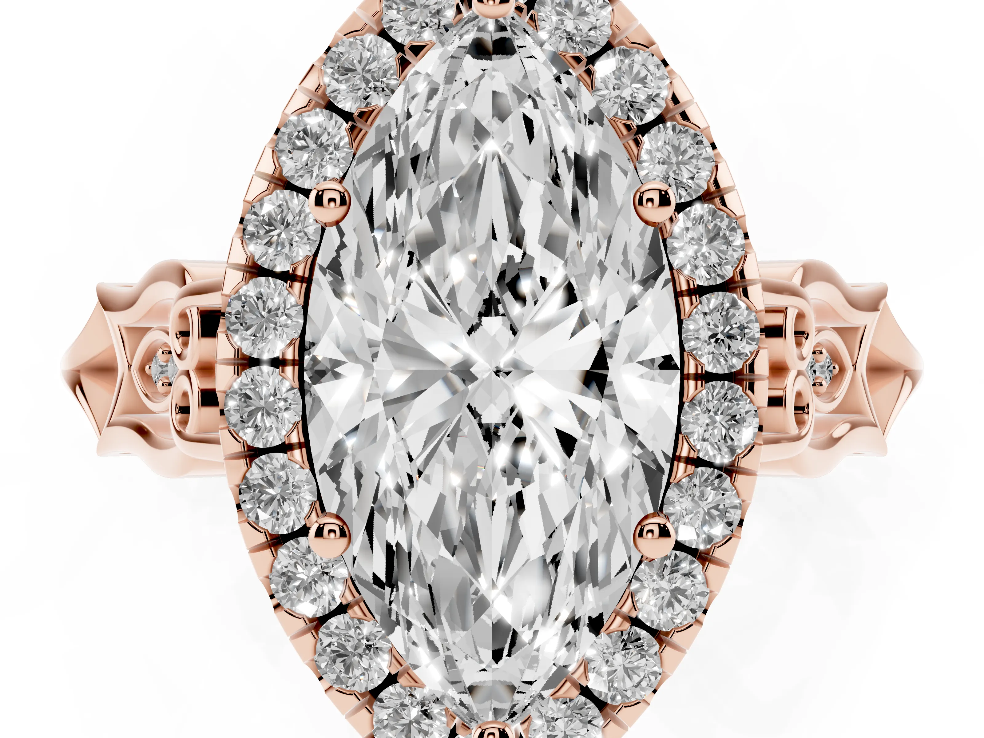 Marquise Cut Diamond Halo Engagement Ring Set in Rose gold with Filigree Band and Prong-Set Center