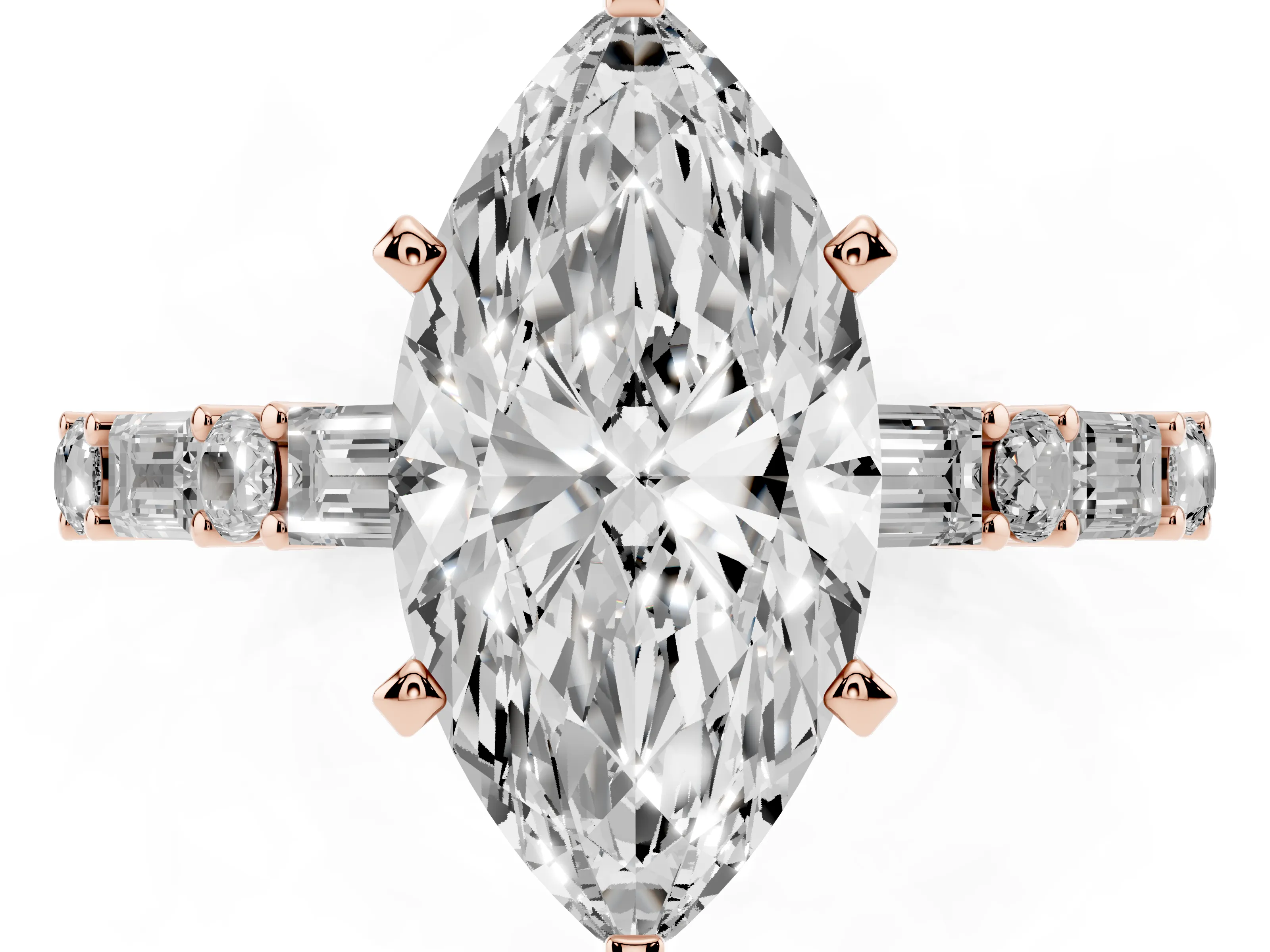 Marquise Cut Diamond Solitaire Set in Rose gold with Side Baguettes and Channel Set Band