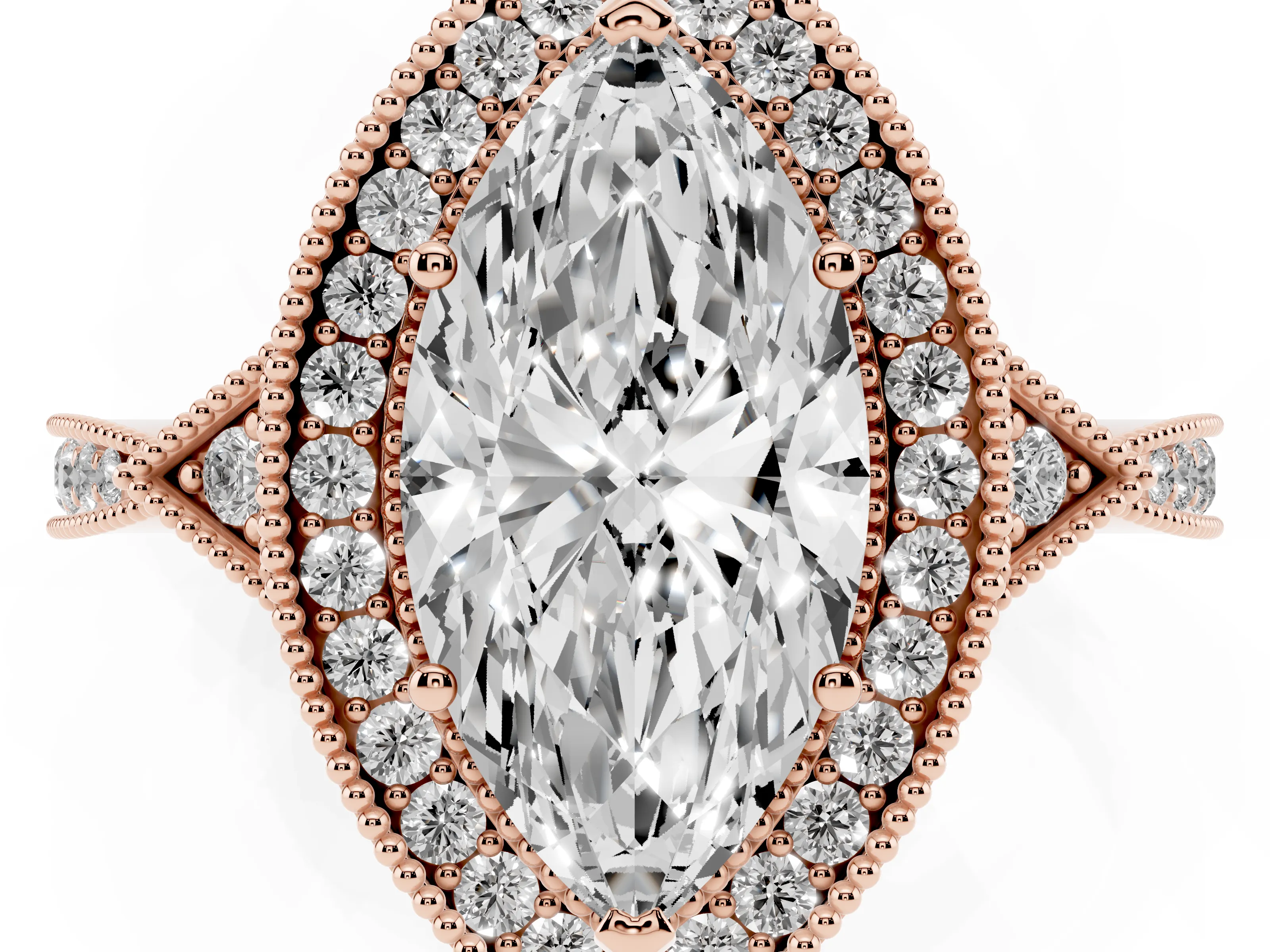 Marquise Cut Diamond Halo Engagement Ring Set in Rose gold with Milgrain Pavé Band