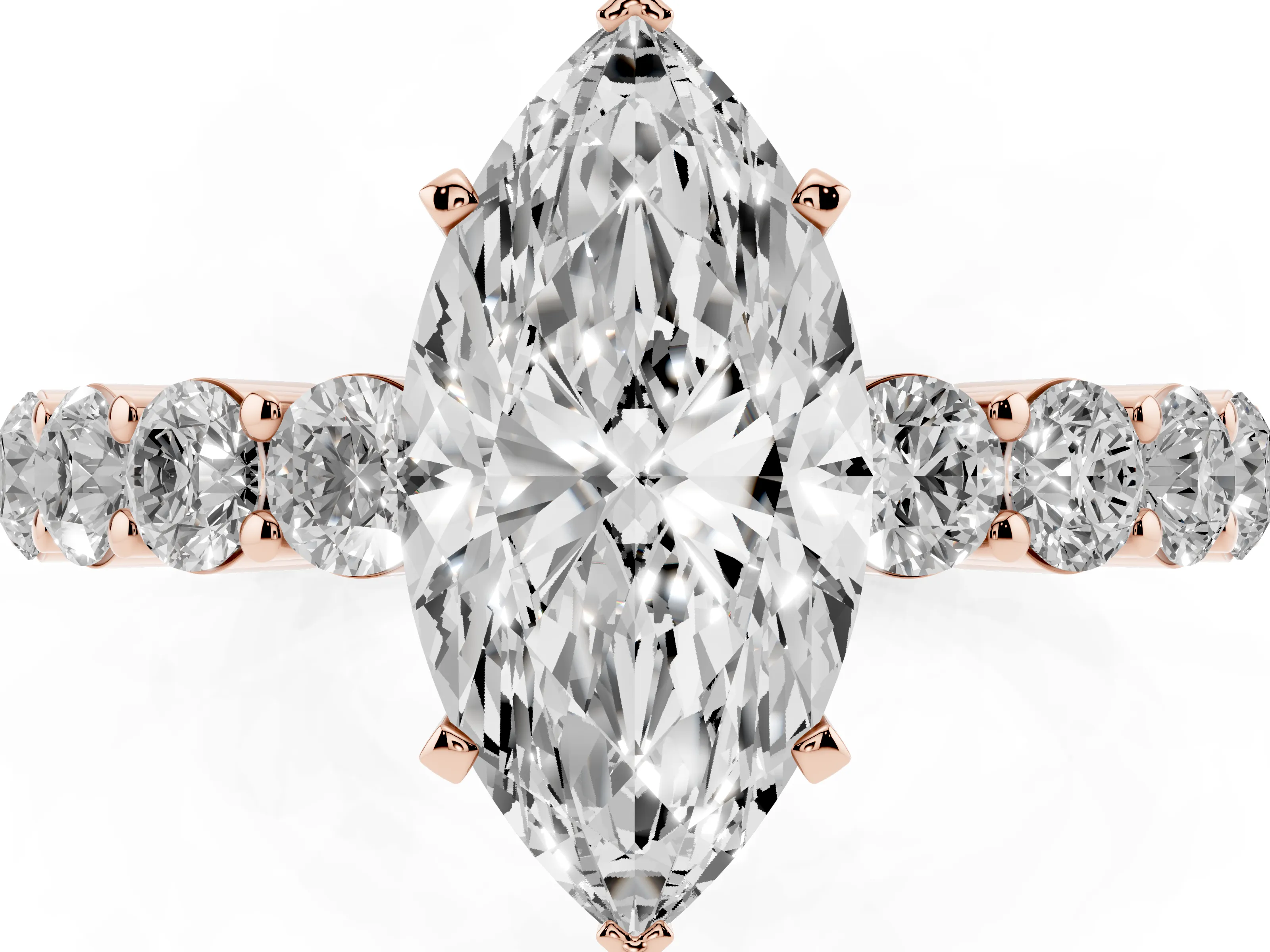 Marquise Cut Diamond Solitaire Ring Set in Rose gold with Shared Prong Round Side Stones