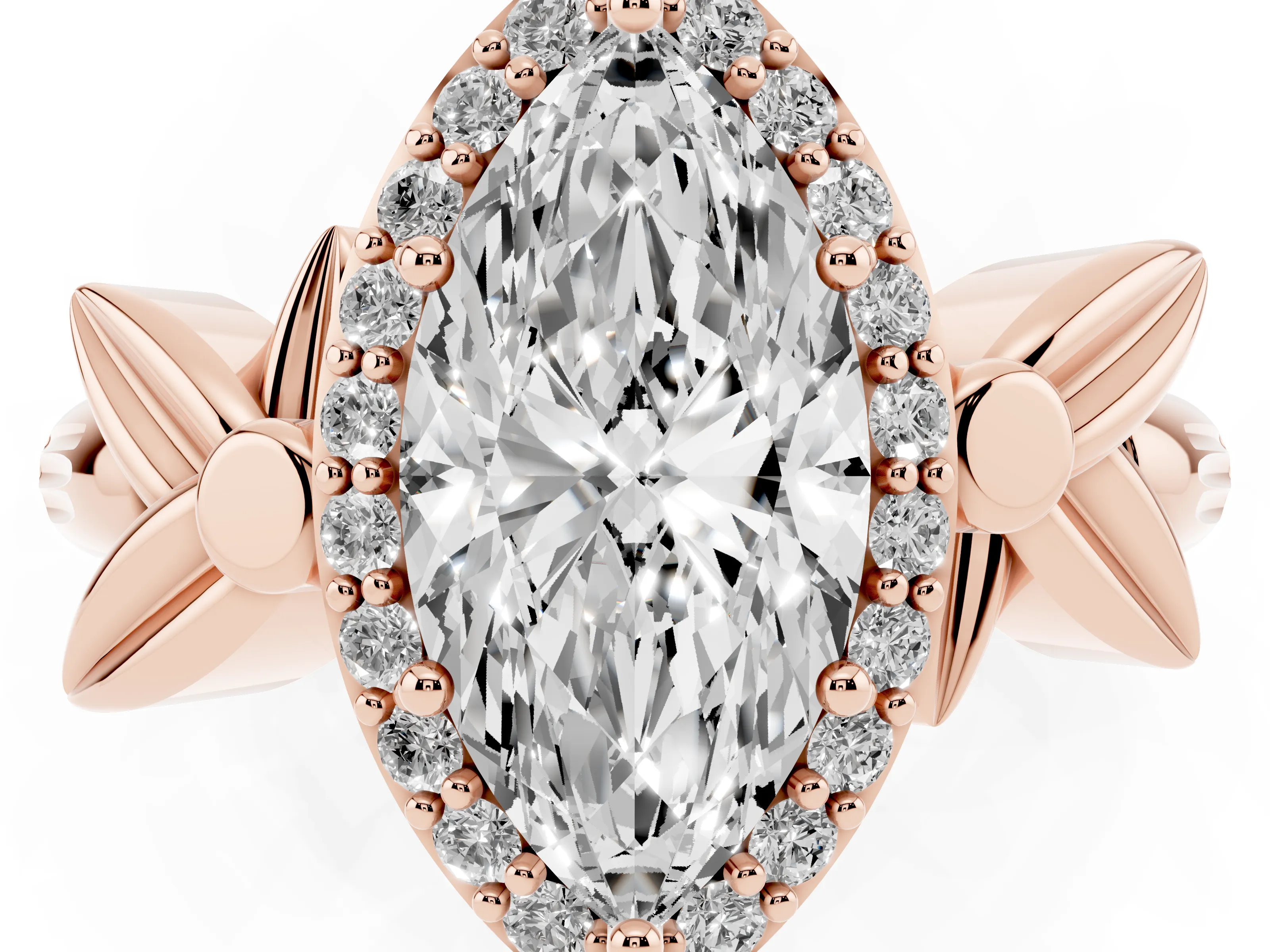 Marquise Cut Diamond Halo Floral Band Ring Set in Rose gold with Prong Setting