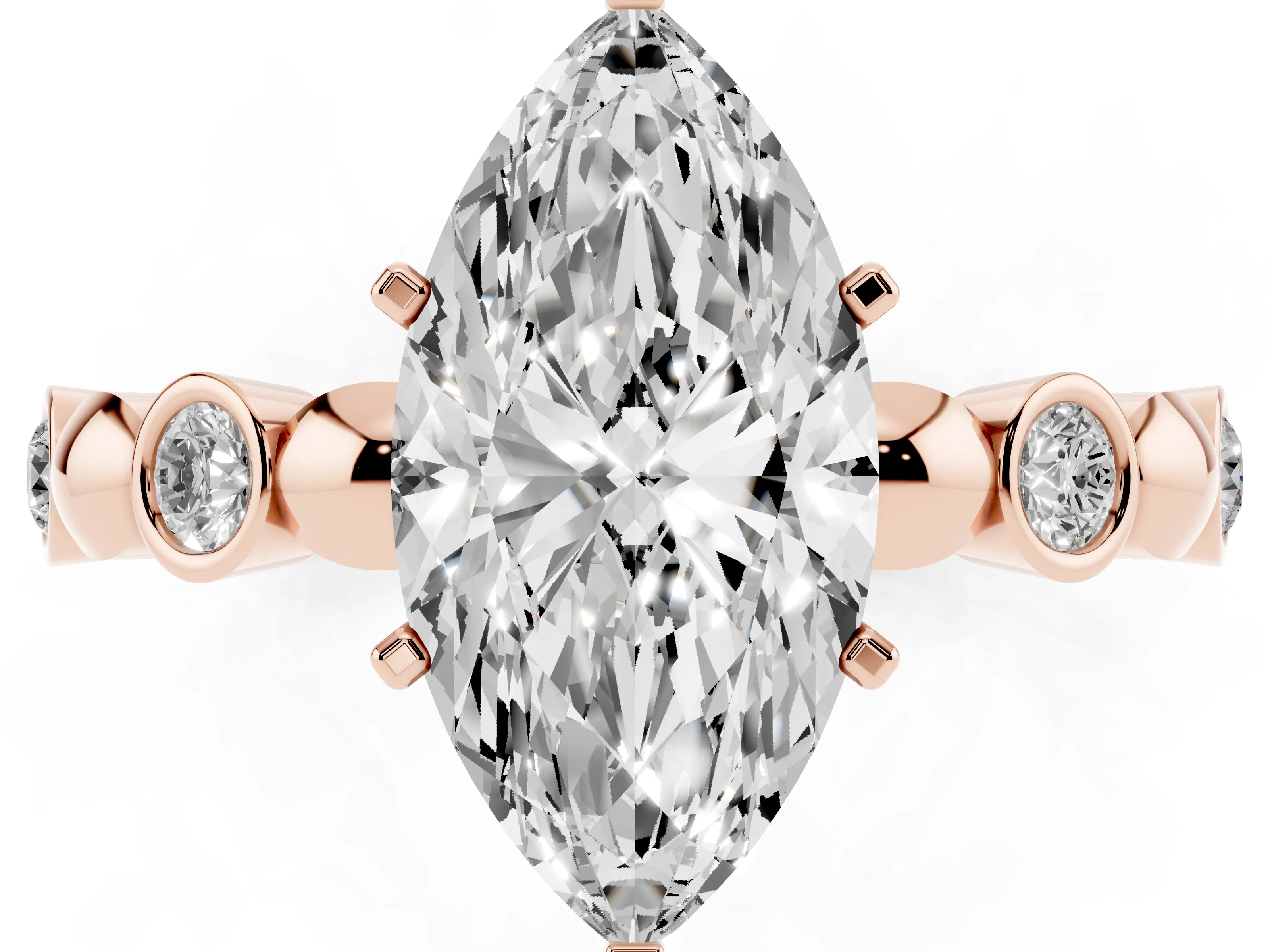 Marquise Cut Diamond Solitaire Ring Set in Rose gold with Bezel-Set Accents on Beaded Band and Prong Setting