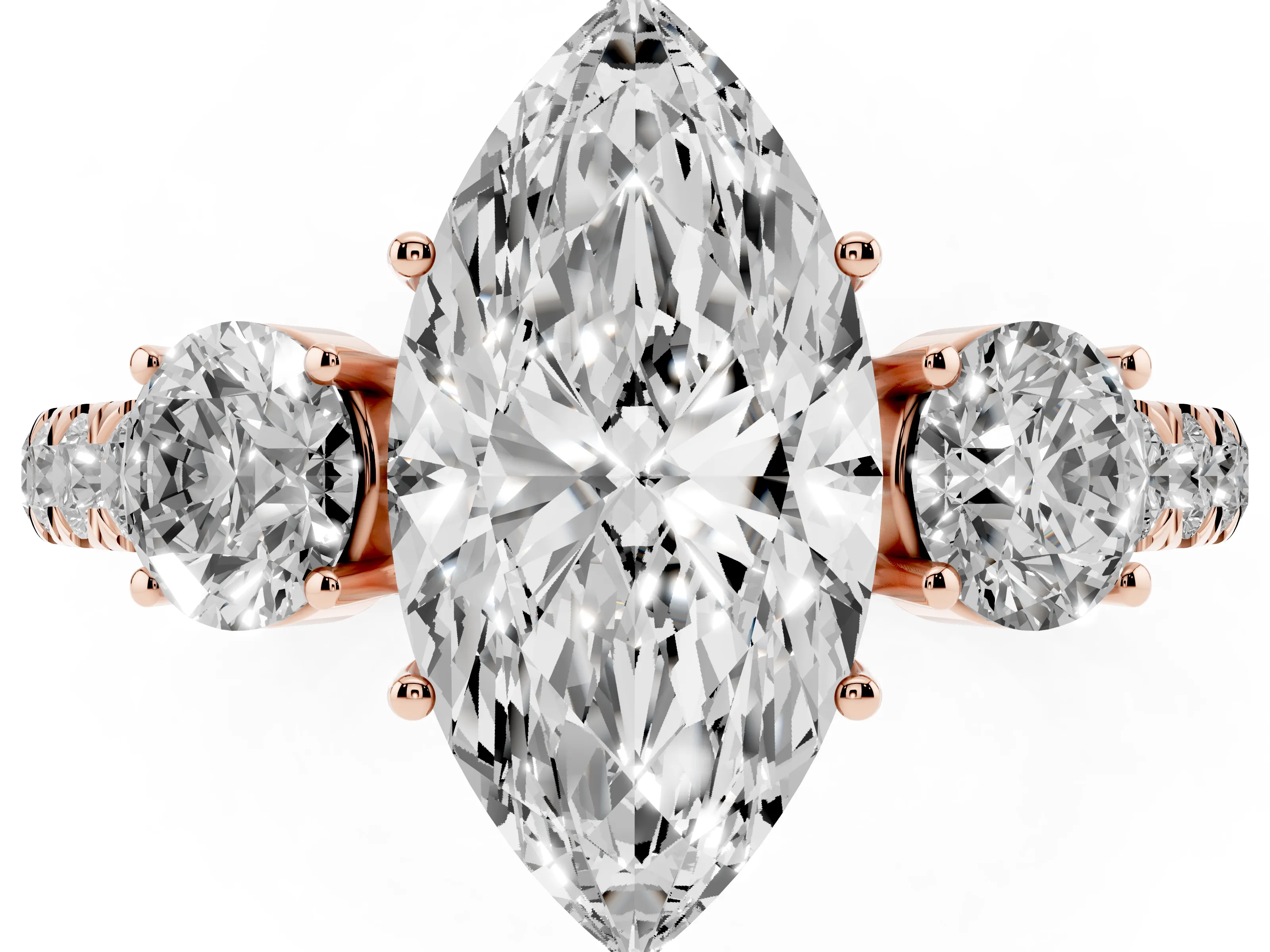 Marquise Cut Diamond Three-Stone Ring Set in Rose gold with Round Side Stones and Delicate Pavé Band