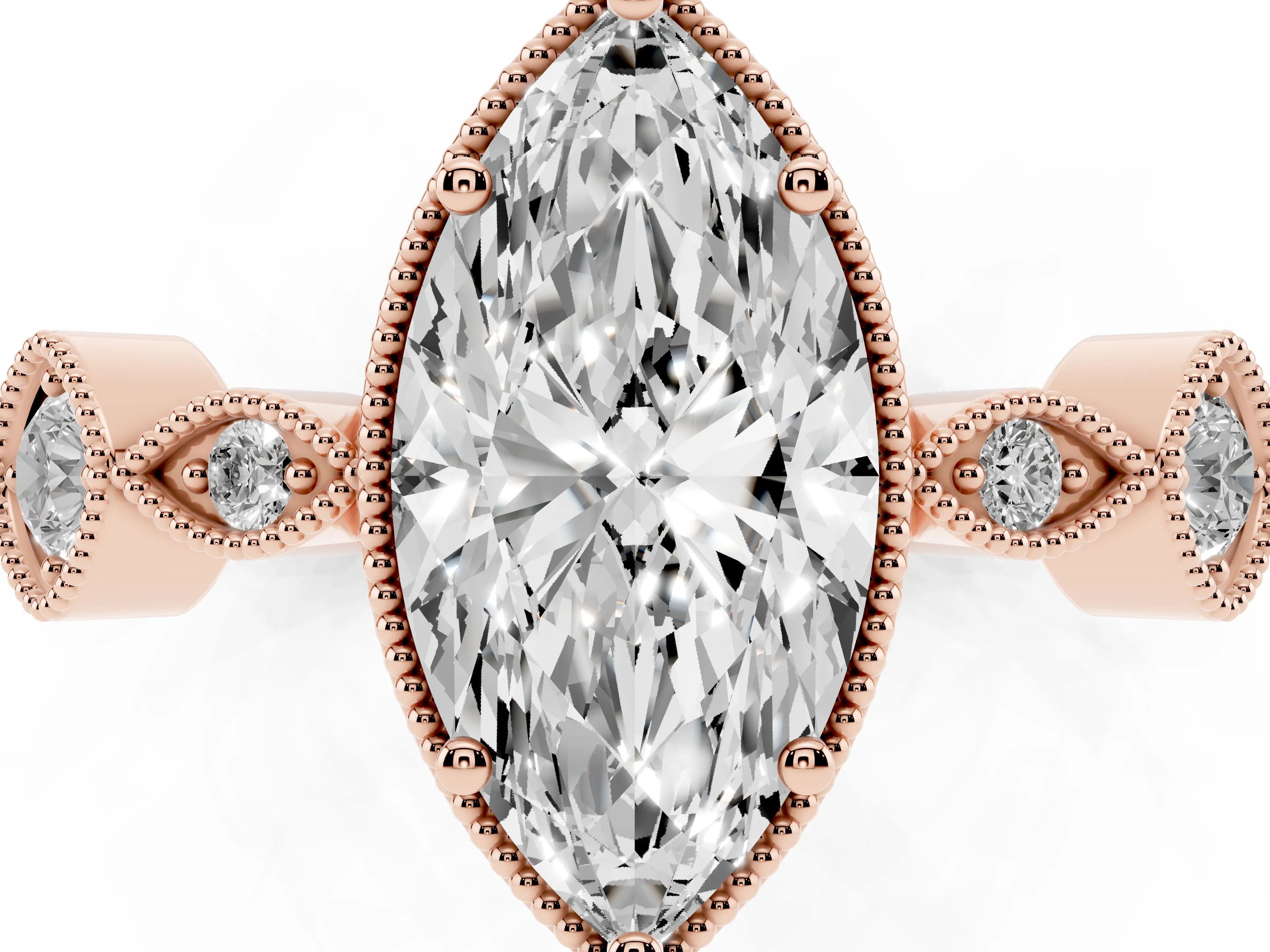 Marquise Cut Diamond Vintage-Inspired Milgrain Ring Set in Rose gold with Marquise Stations of Round Accents