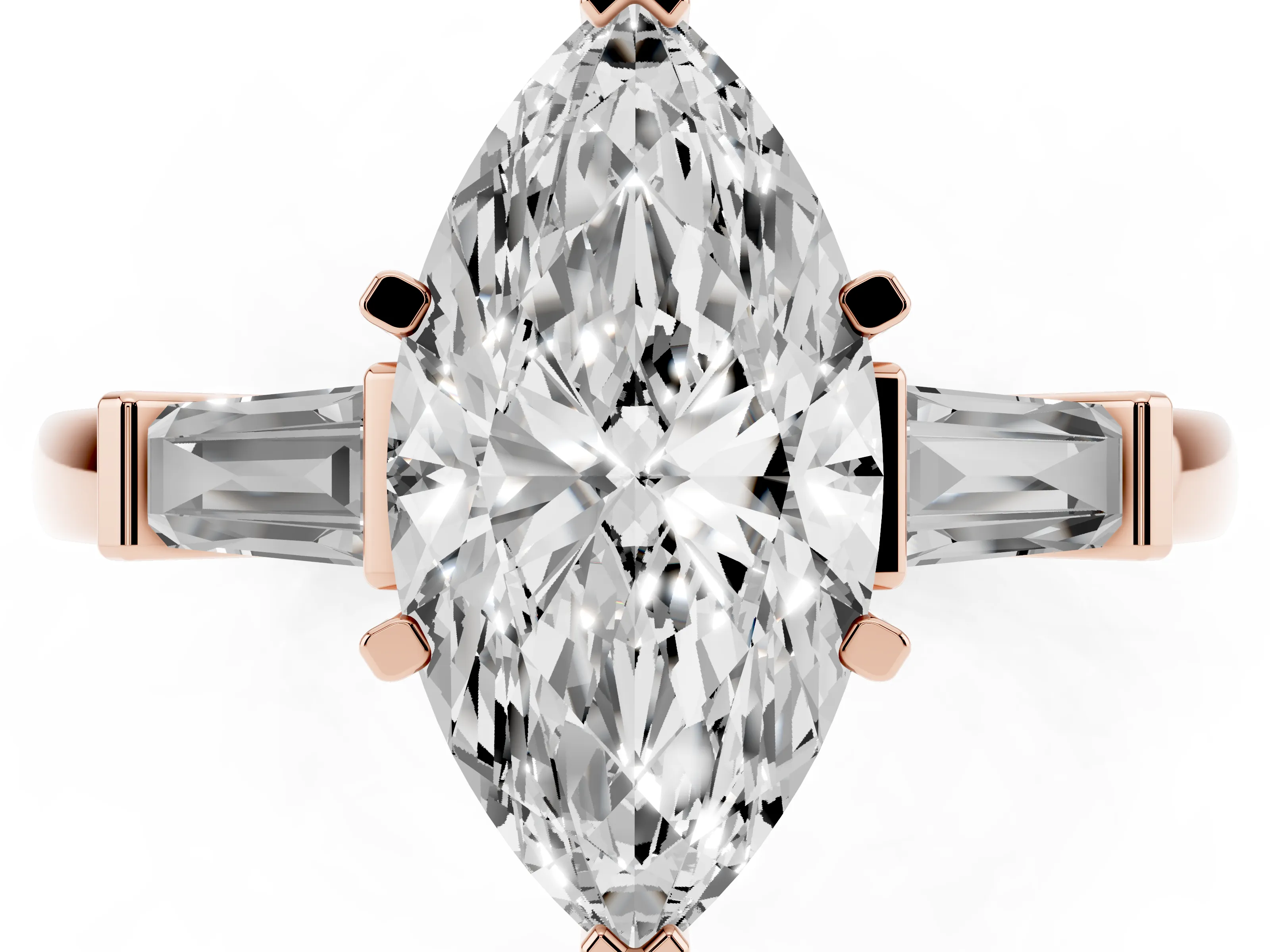 Marquise Cut Diamond Solitaire Ring Set in Rose gold with Tapered Baguette Accents and Prong Setting