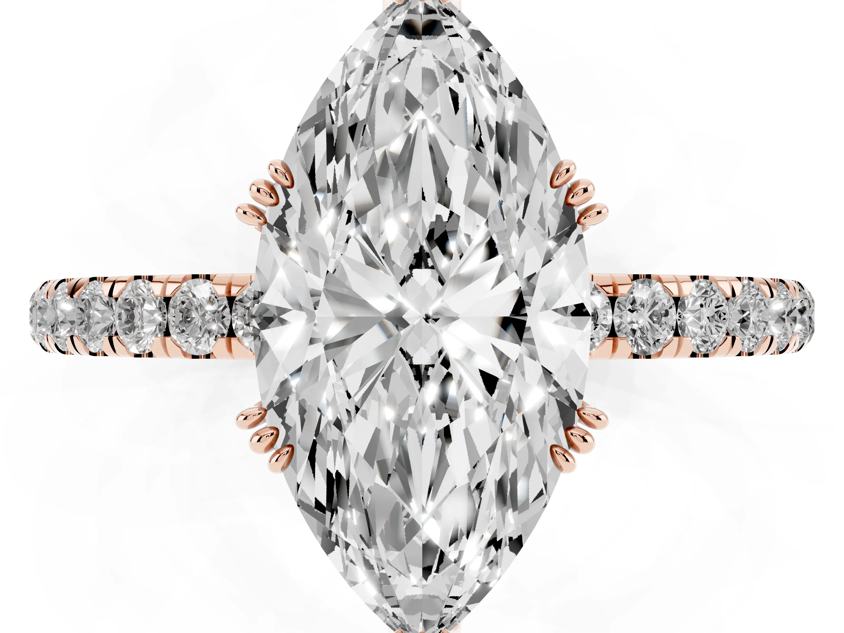 Marquise Cut Diamond Brilliant Solitaire Set in Rose gold with Pavé Band and Claw Prong Setting