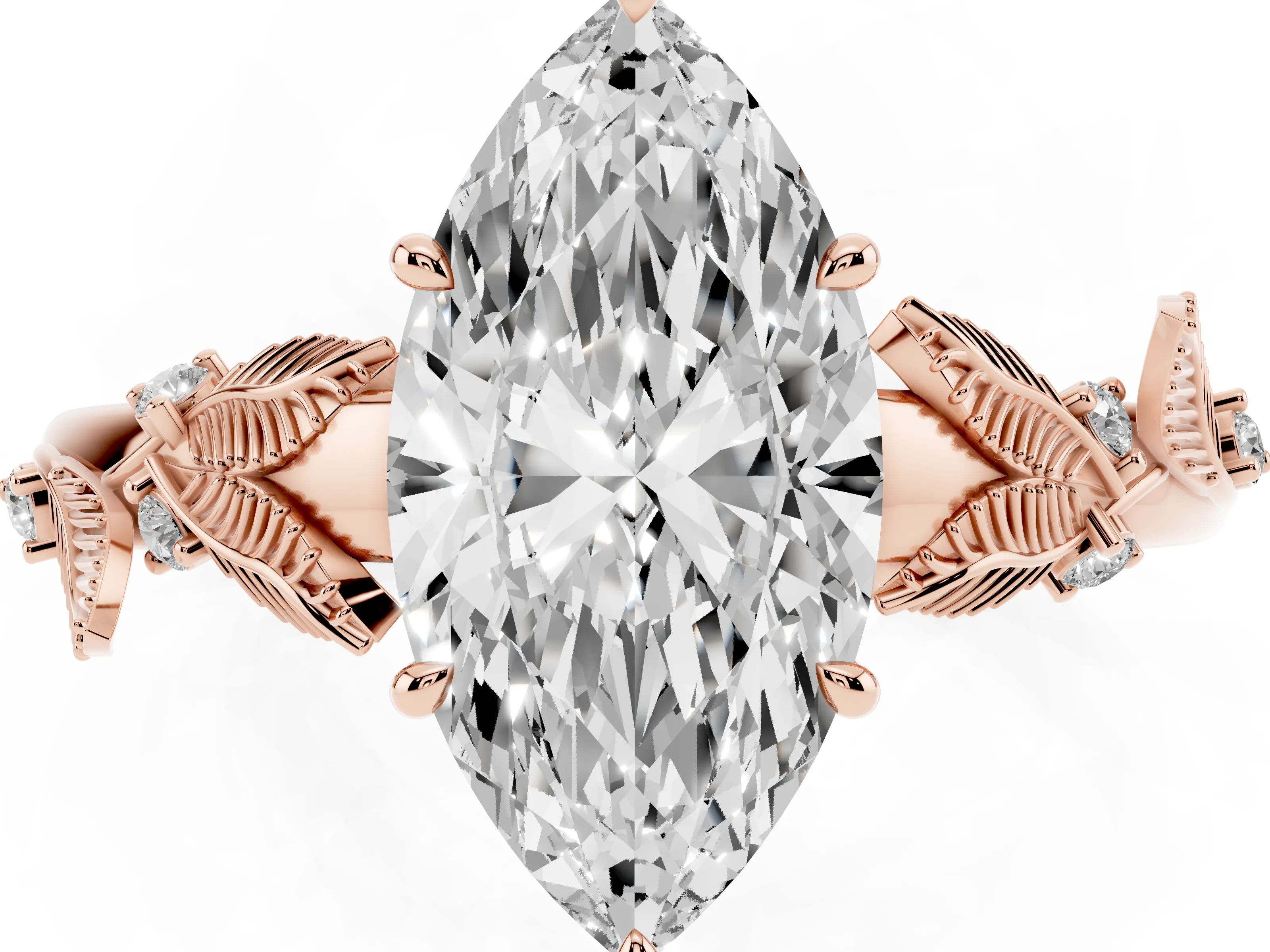 Marquise Cut Diamond Solitaire Ring Set in Rose gold with Leaf Motif Band