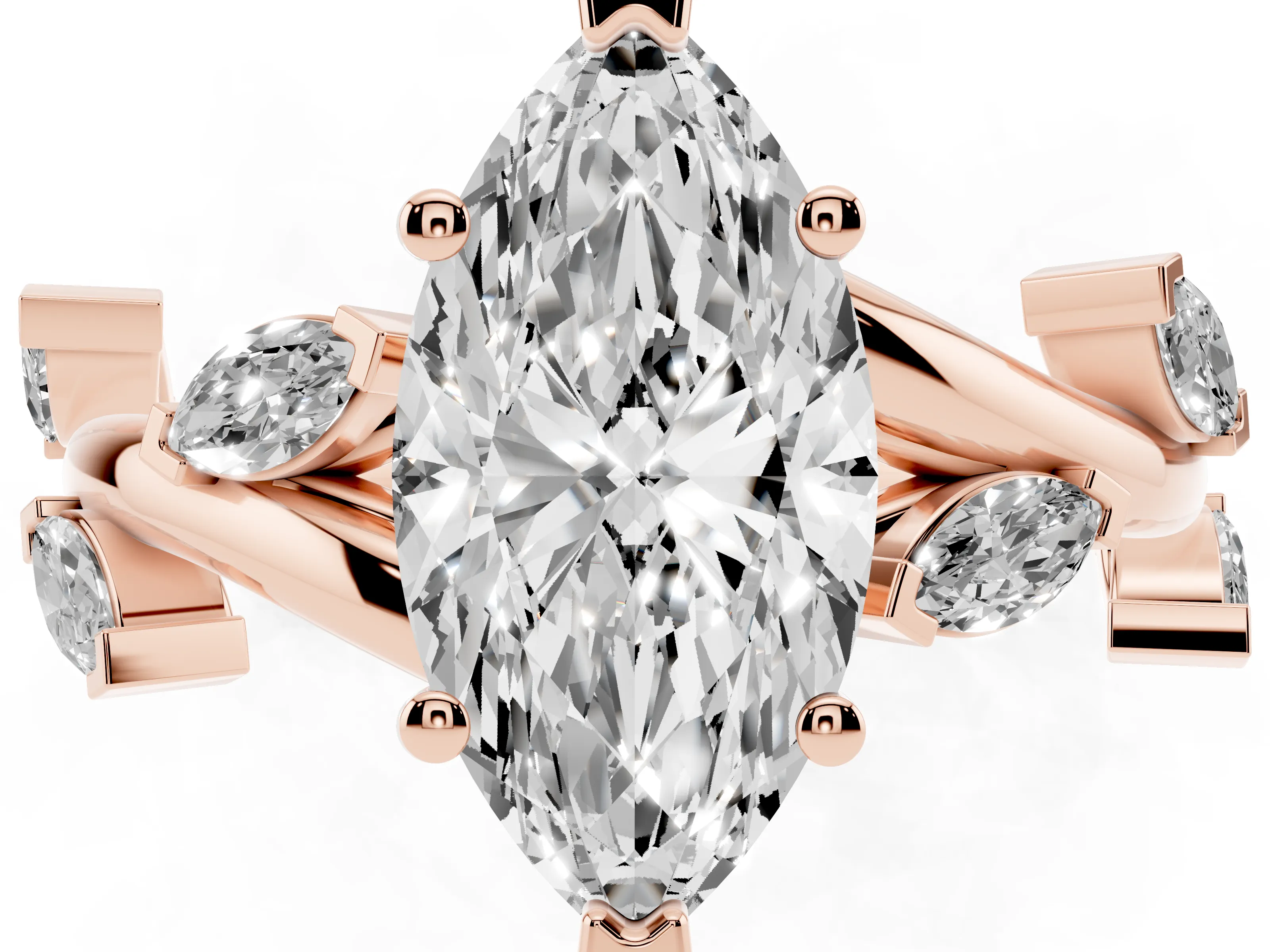 Marquise Cut Diamond Solitaire Ring Set in Rose gold with Twisted Marquise Accent Band