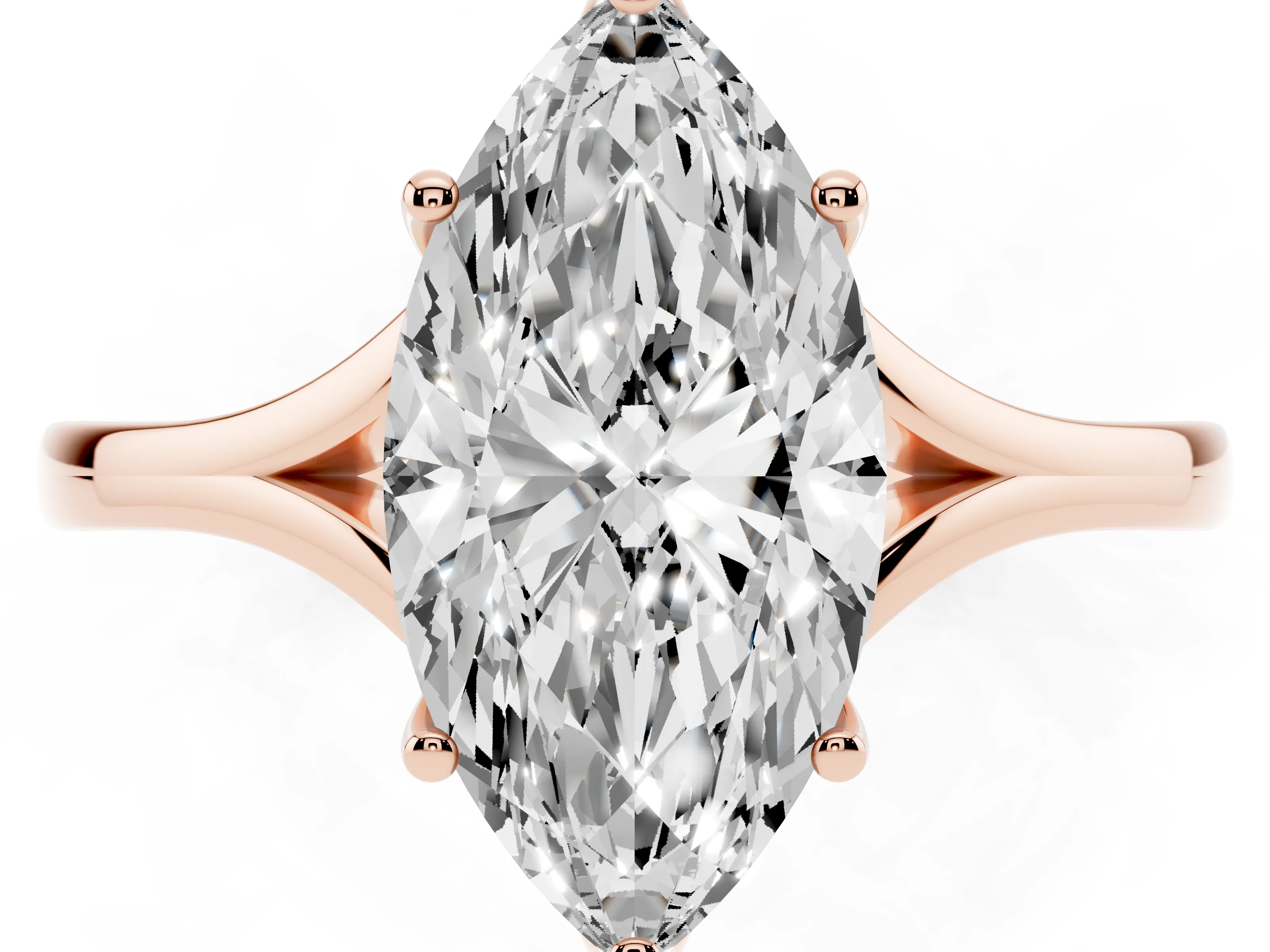 Marquise Cut Diamond Solitaire Ring Set in Rose gold with Polished Tapered Band and Prong Setting