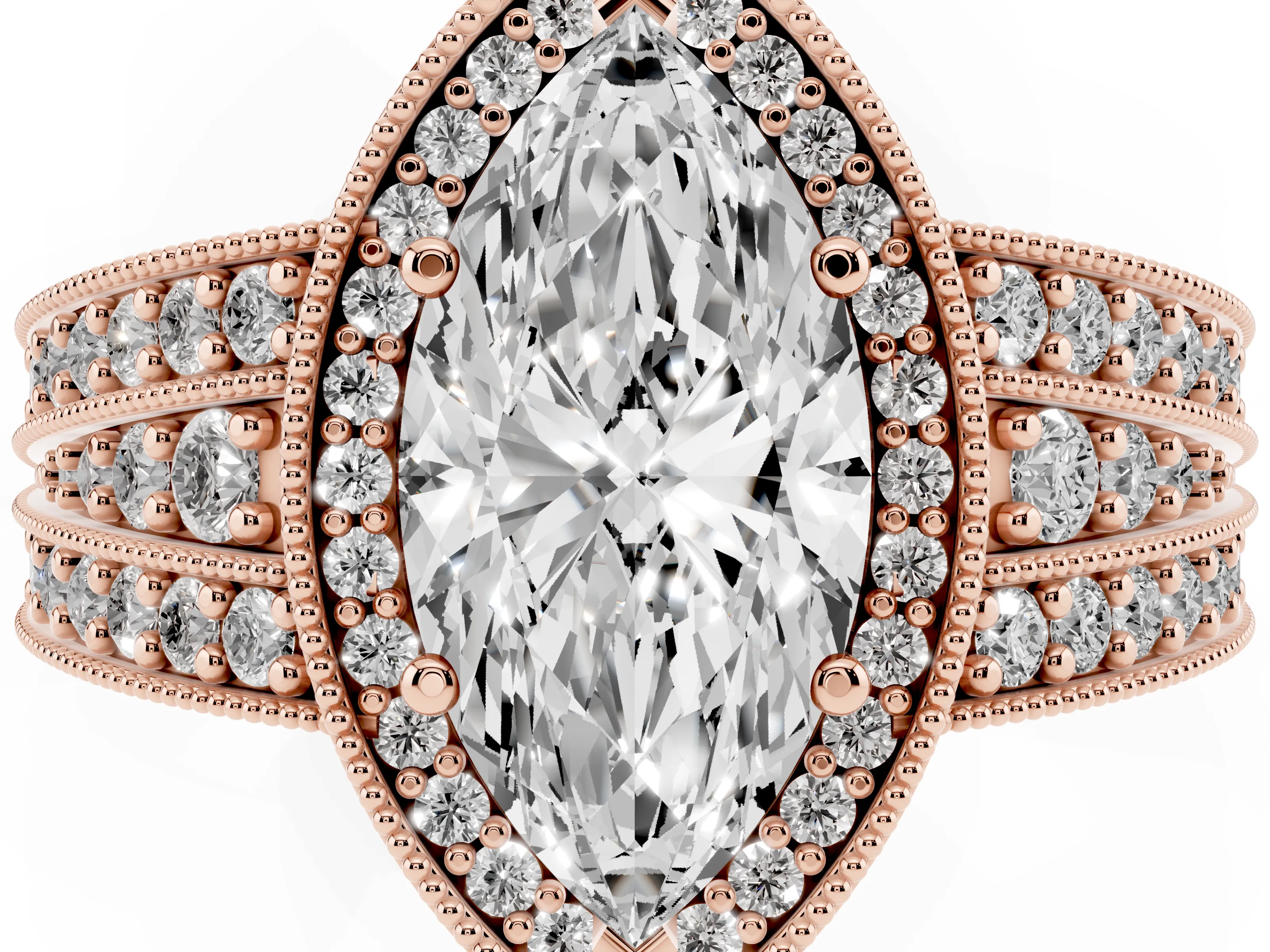 Marquise Cut Diamond Halo Ring Set in Rose gold with Accent Split Shank and Prong Setting