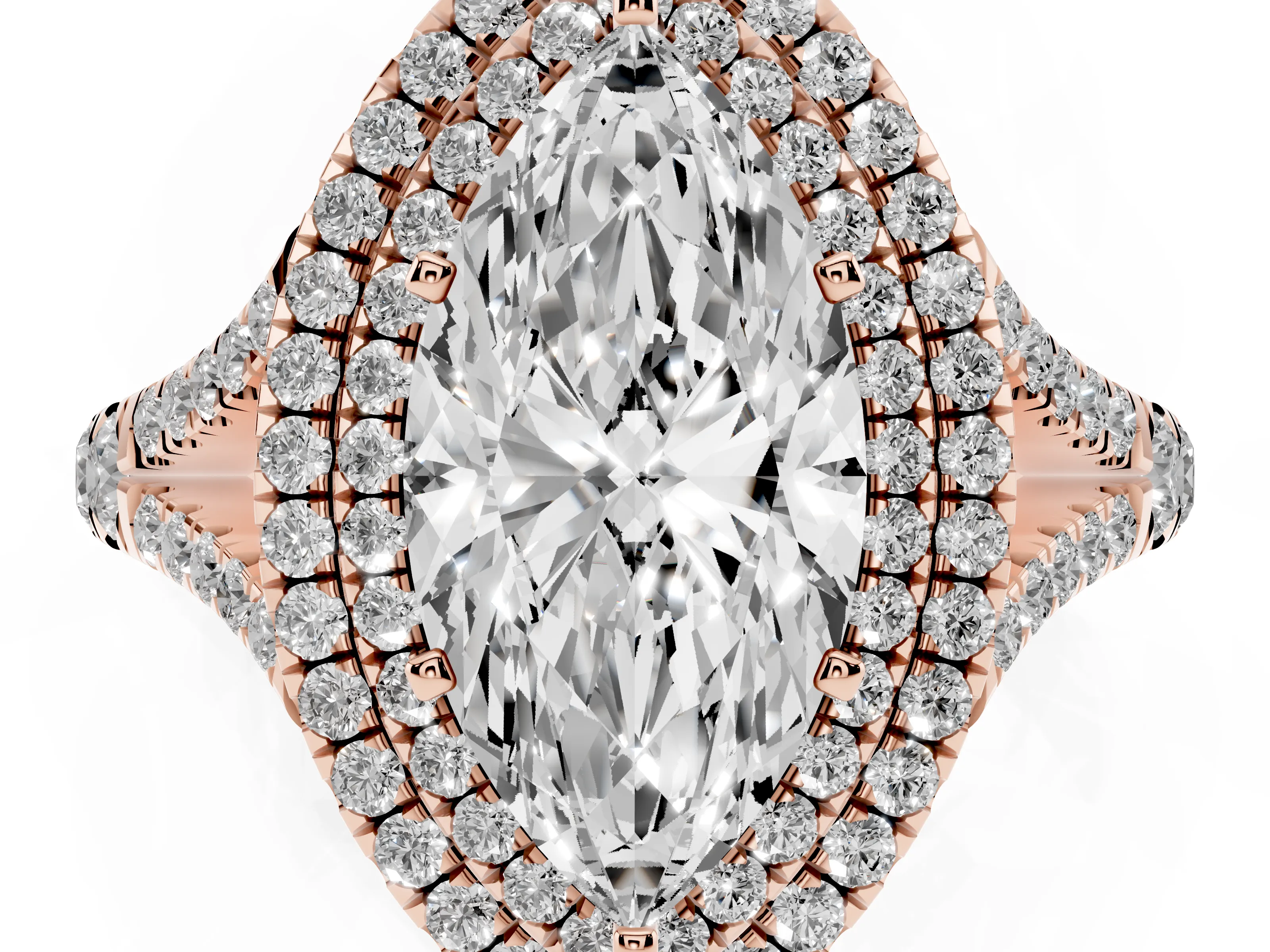 Marquise Cut Diamond Pavé Split Shank Double Halo Engagement Ring Set in Rose gold