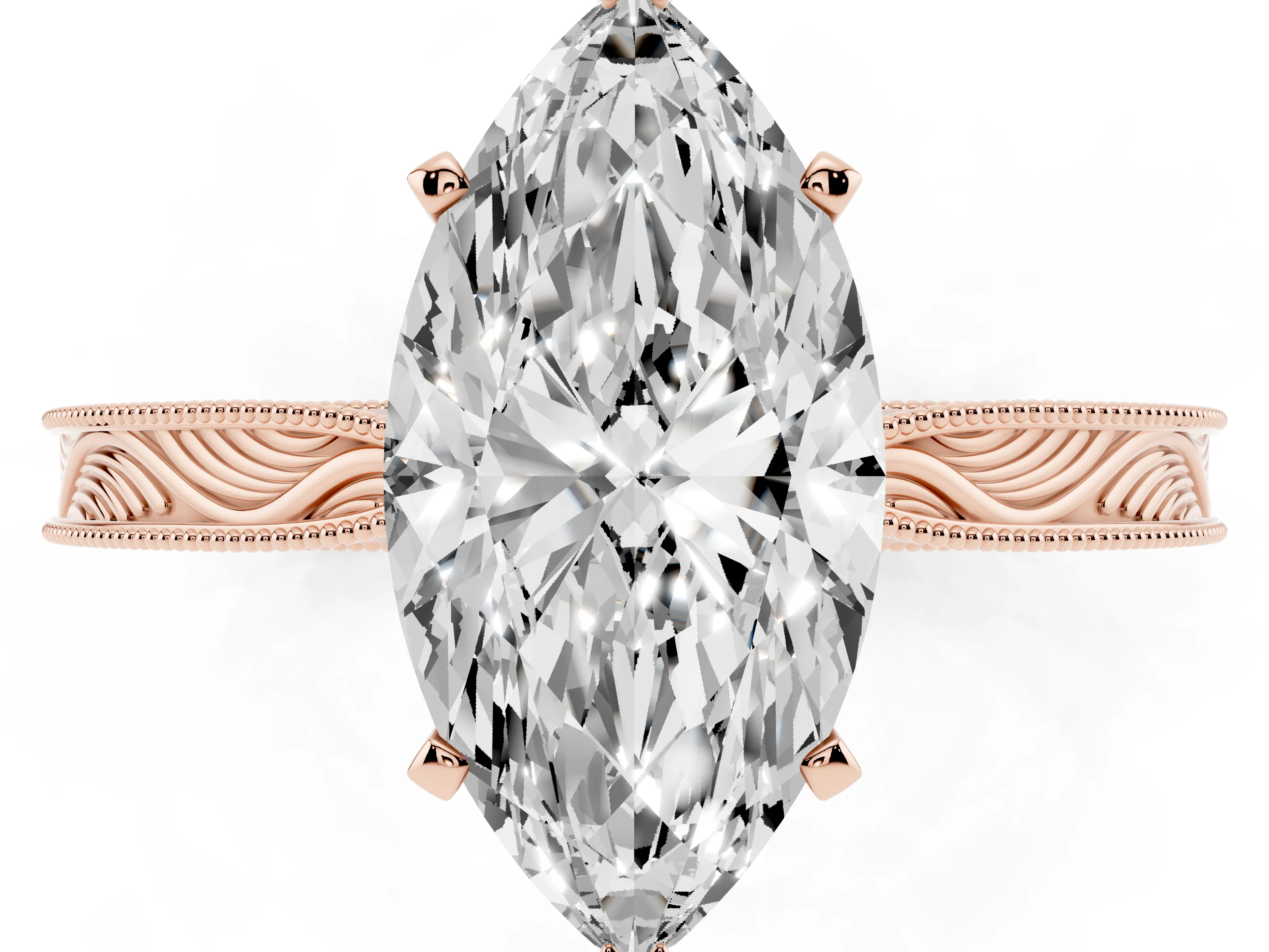 Marquise Cut Diamond Solitaire Milgrain Engraved Band Set in Rose gold with Prong Setting