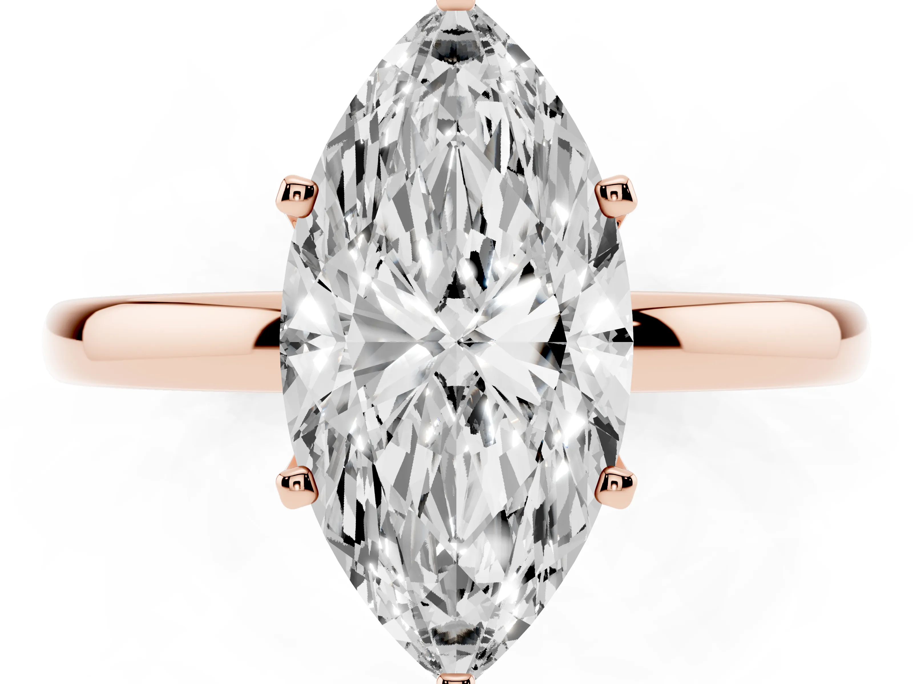 Marquise Cut Diamond Solitaire Ring Set in Rose gold with Raised Prong Setting on a Classic Band