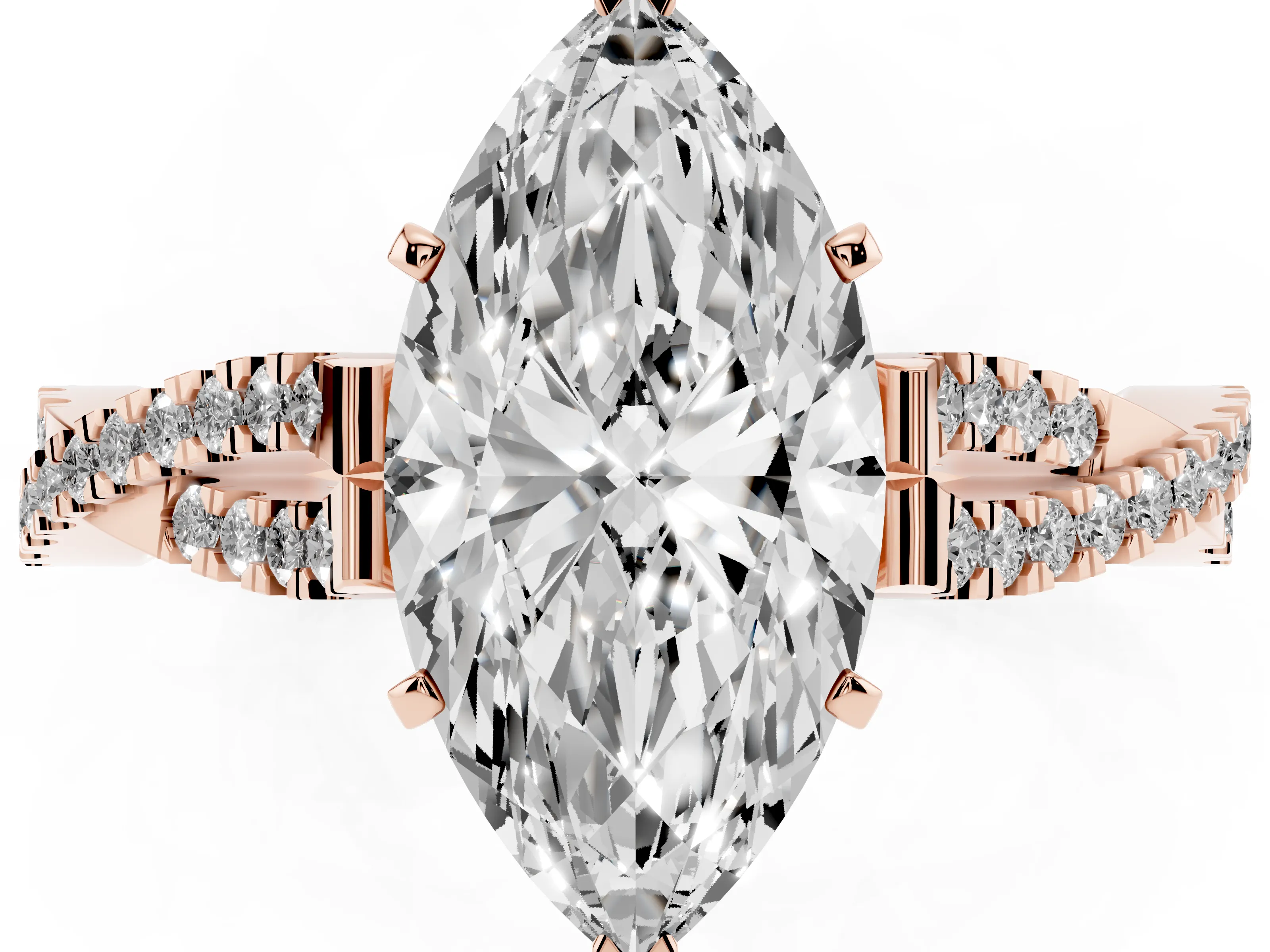 Marquise Cut Diamond Solitaire Engagement Ring Set in Rose gold with Twisted Pavé Band and Prong Setting