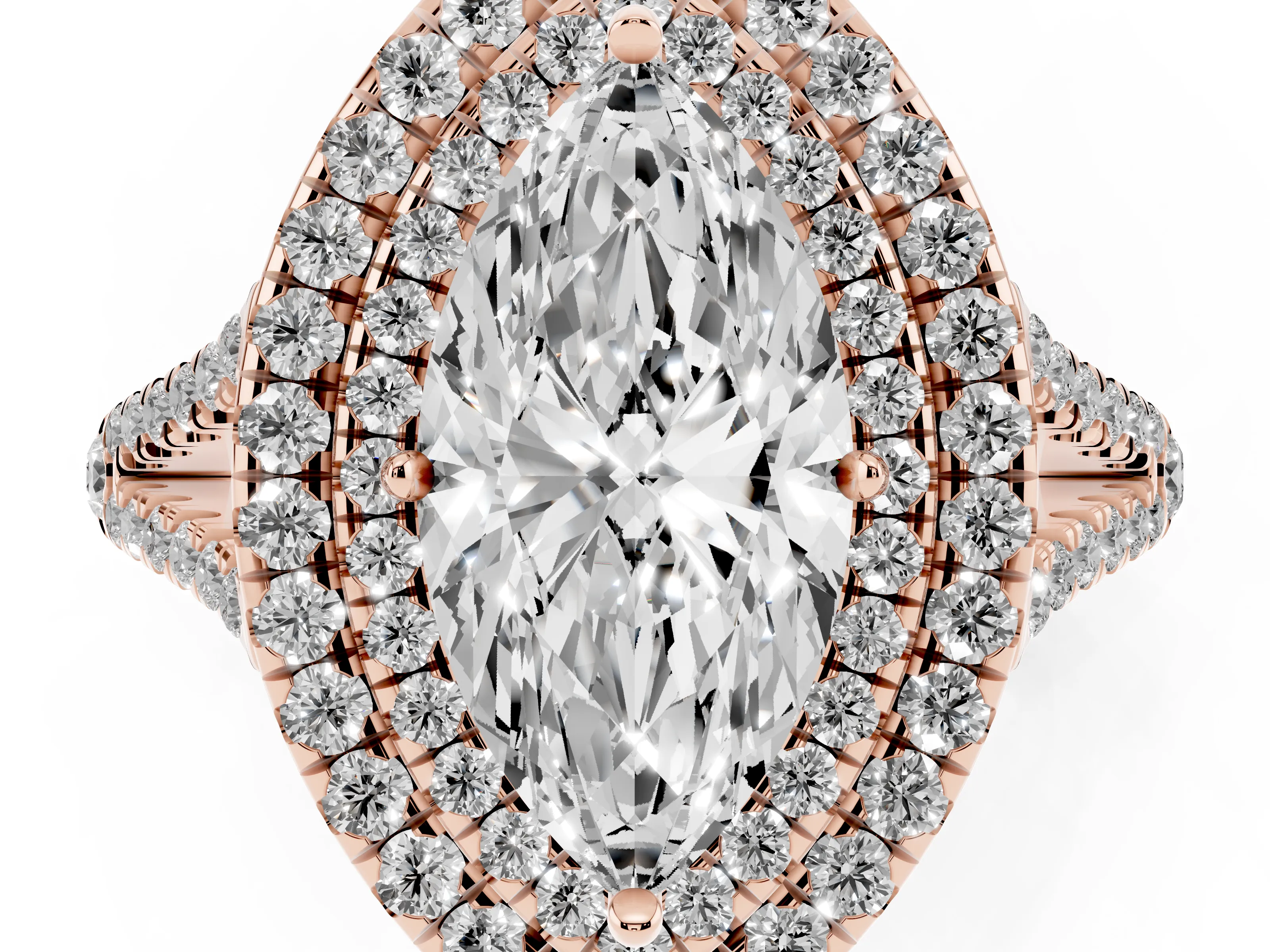 Marquise Cut Diamond Double Halo Ring Set in Rose gold with Pavé Band