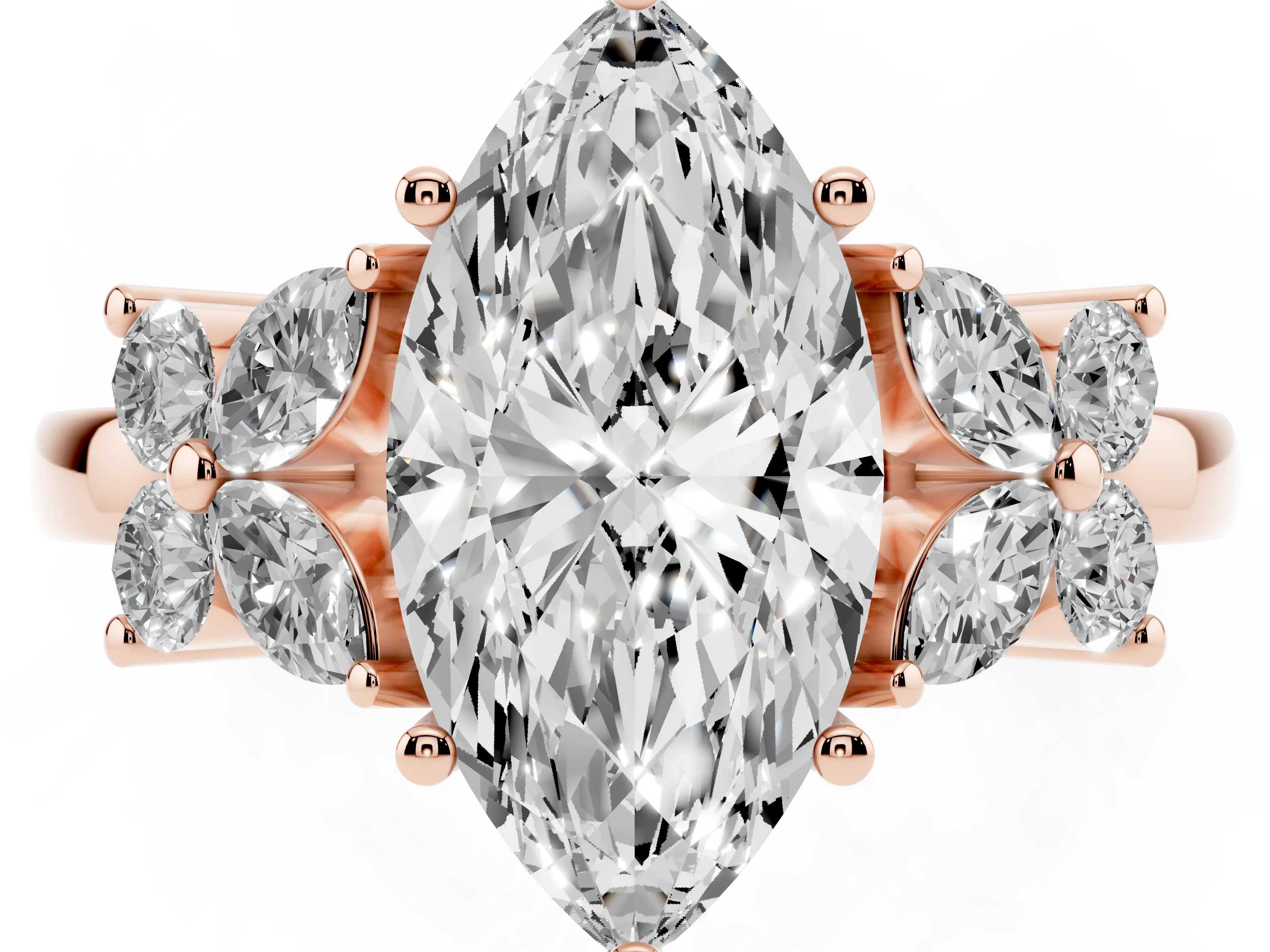 Marquise Cut Diamond Floral Cluster Ring Set in Rose gold with Marquise Petals and Prong Setting
