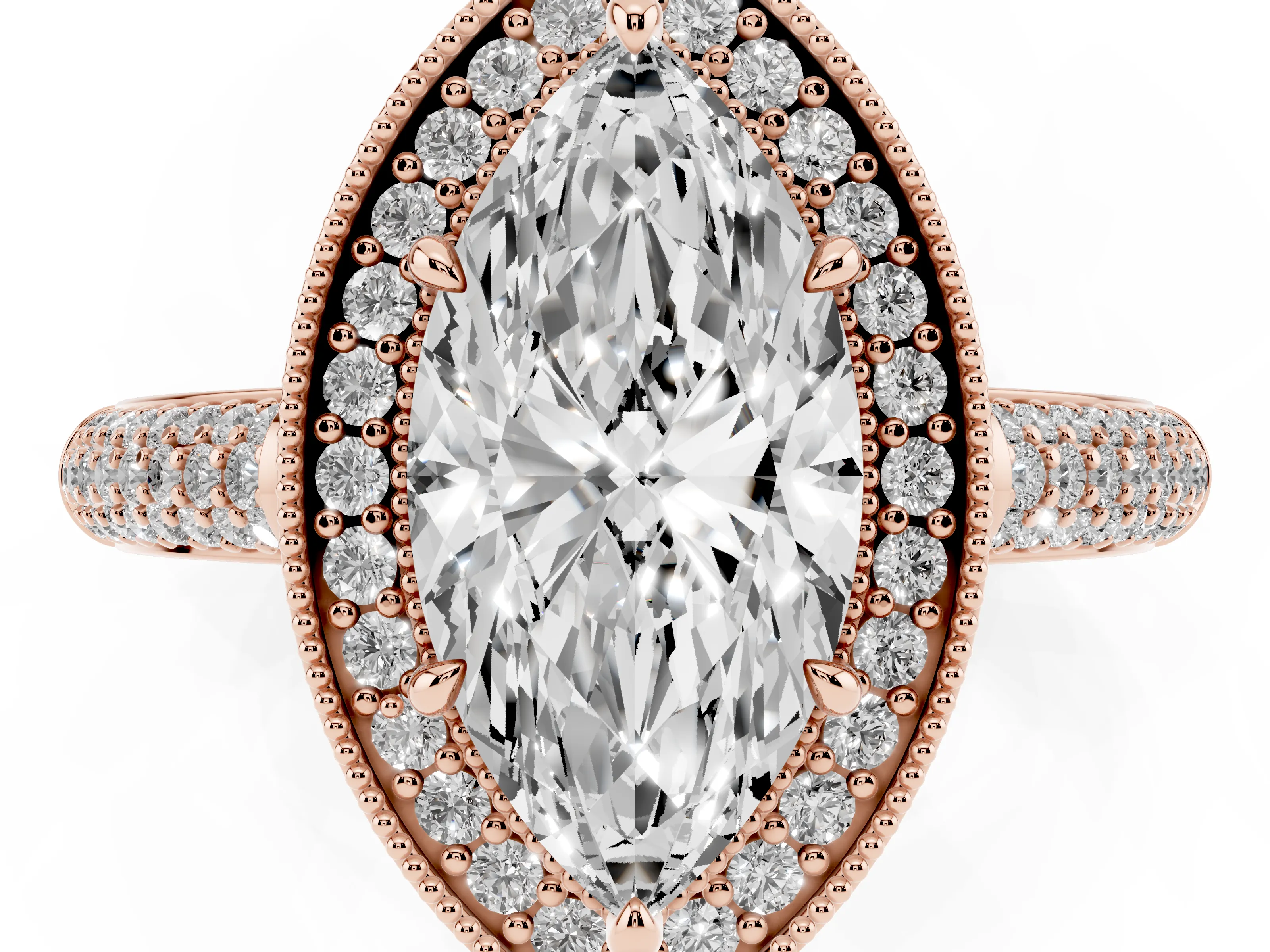 Marquise Cut Diamond Halo Pavé Band Set in Rose gold with Prong Setting