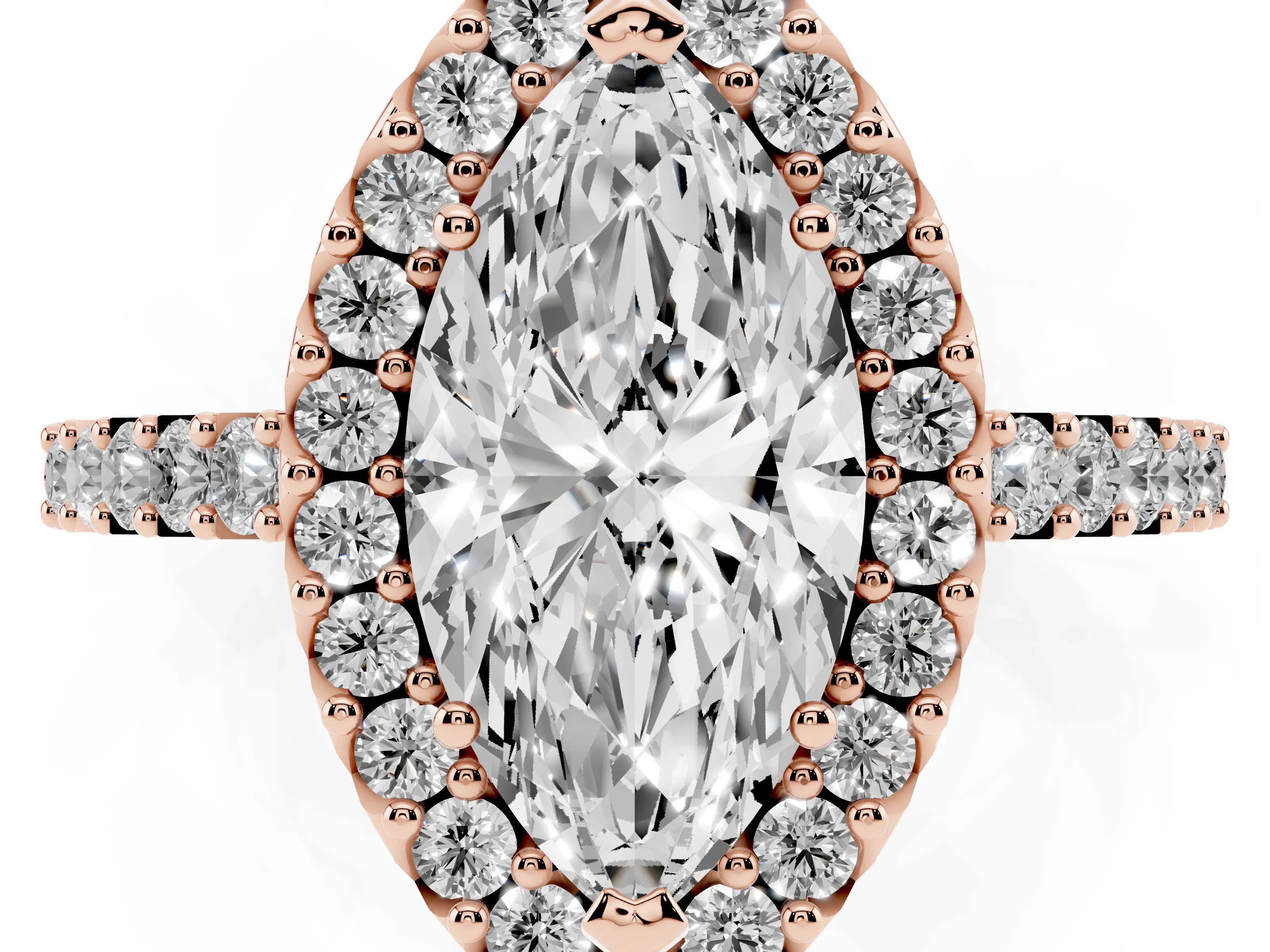 Marquise Cut Diamond Halo Pavé Solitaire Ring Set in Rose gold with Prong-Set Center Stone