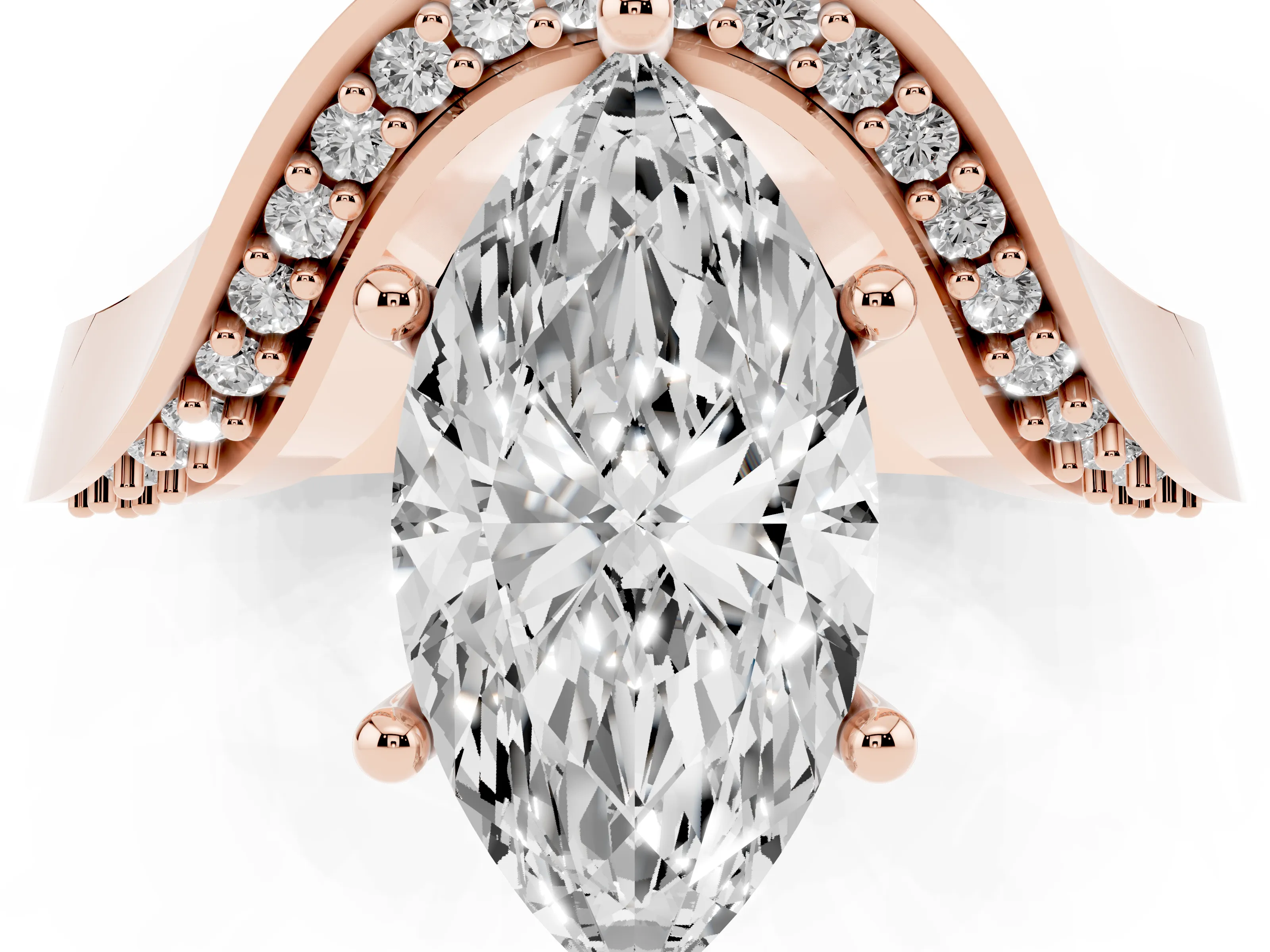 Marquise Cut Diamond Solitaire Engagement Ring Set in Rose gold with Pavé Shoulders