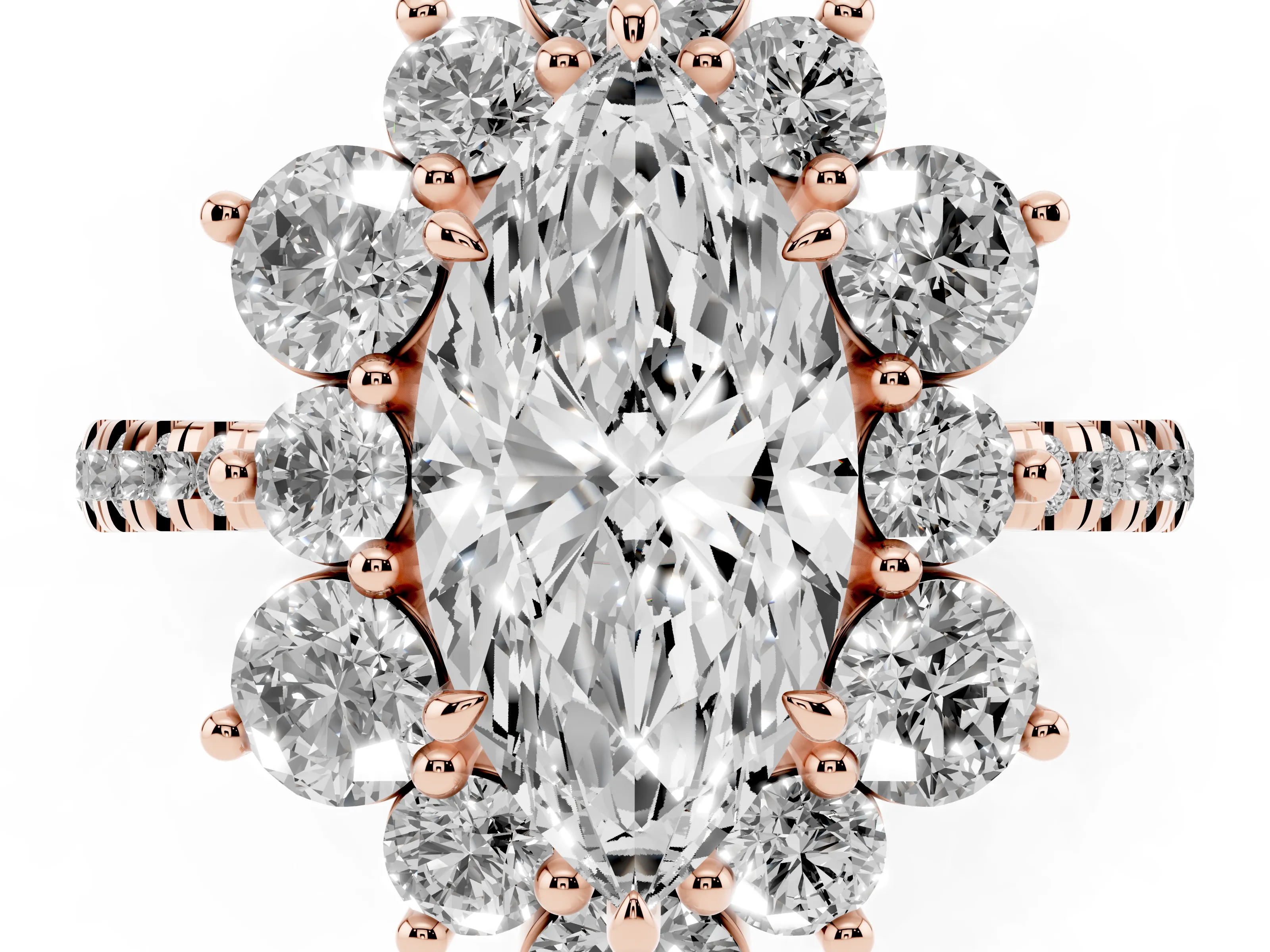 Marquise Cut Diamond Floral Halo Ring Set in Rose gold with Round Pavé Band and Prong Setting