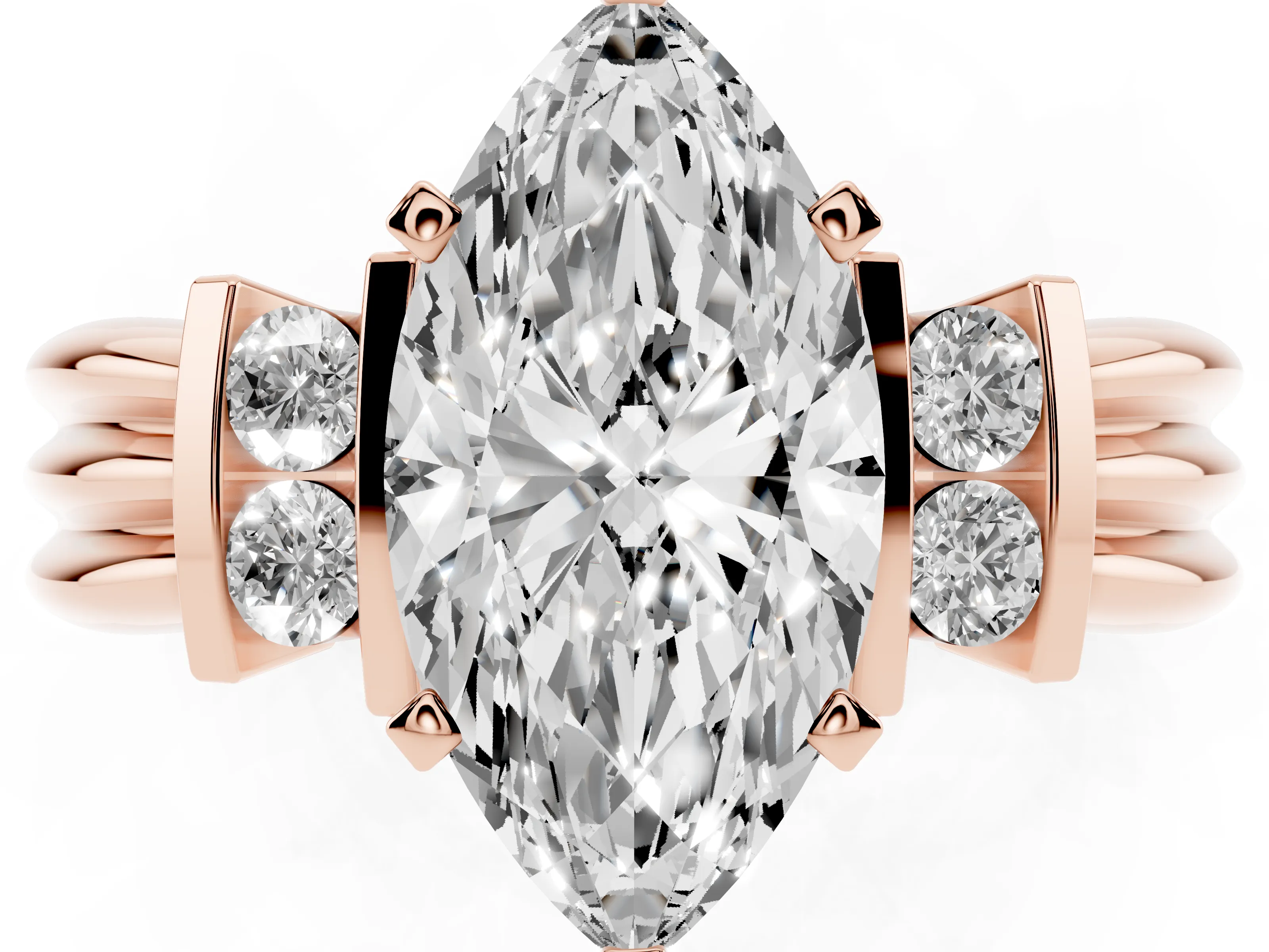Three-Stone Marquise Cut Diamond Channel Set Ring Set in Rose gold with Bar Prongs