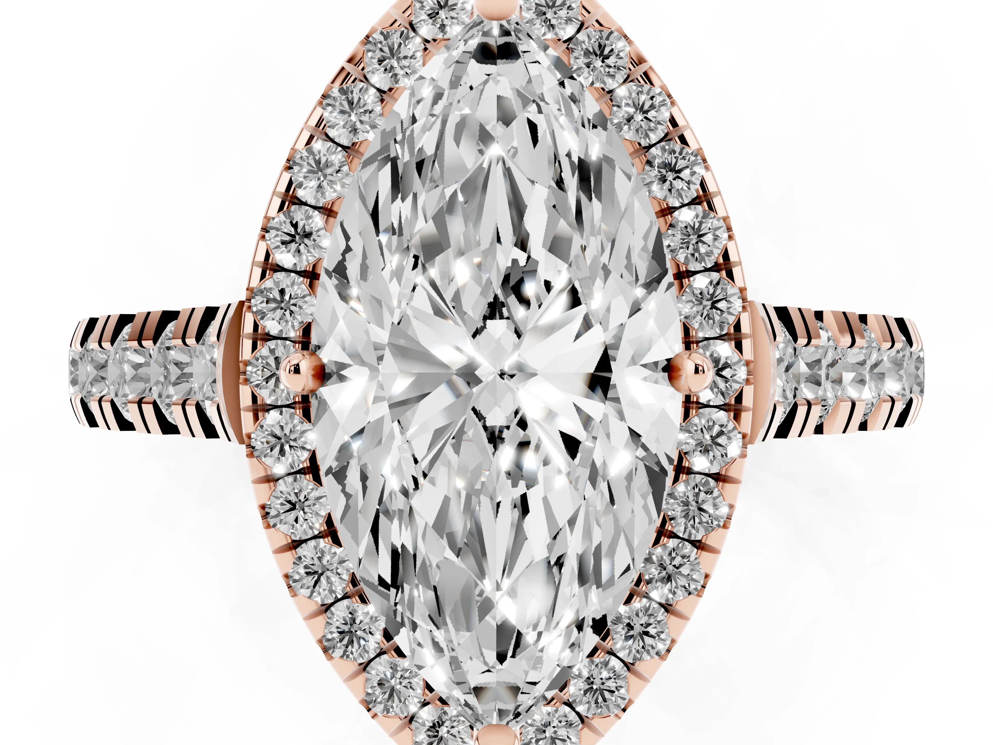 Marquise Cut Diamond Halo Engagement Ring Set in Rose gold with Pavé Band and Prong-Set Center