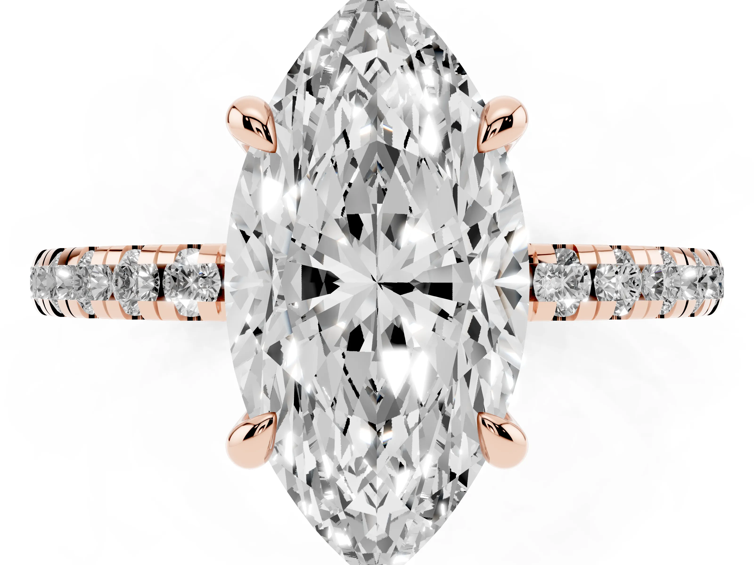 Marquise Cut Diamond Brilliant Solitaire Ring Set in Rose gold with Pavé Band and Prong Setting