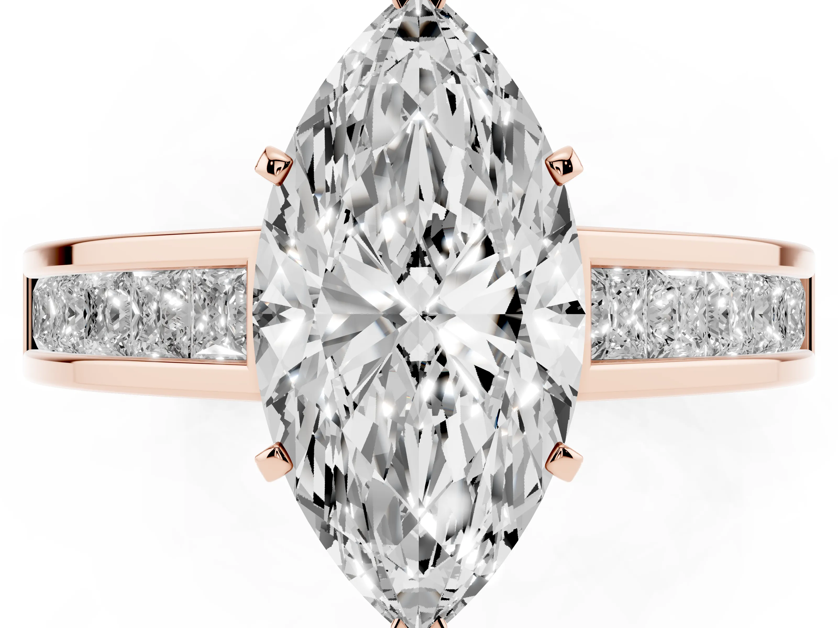 Marquise Cut Diamond Solitaire Ring Set in Rose gold with Channel-Set Band and Prong Setting