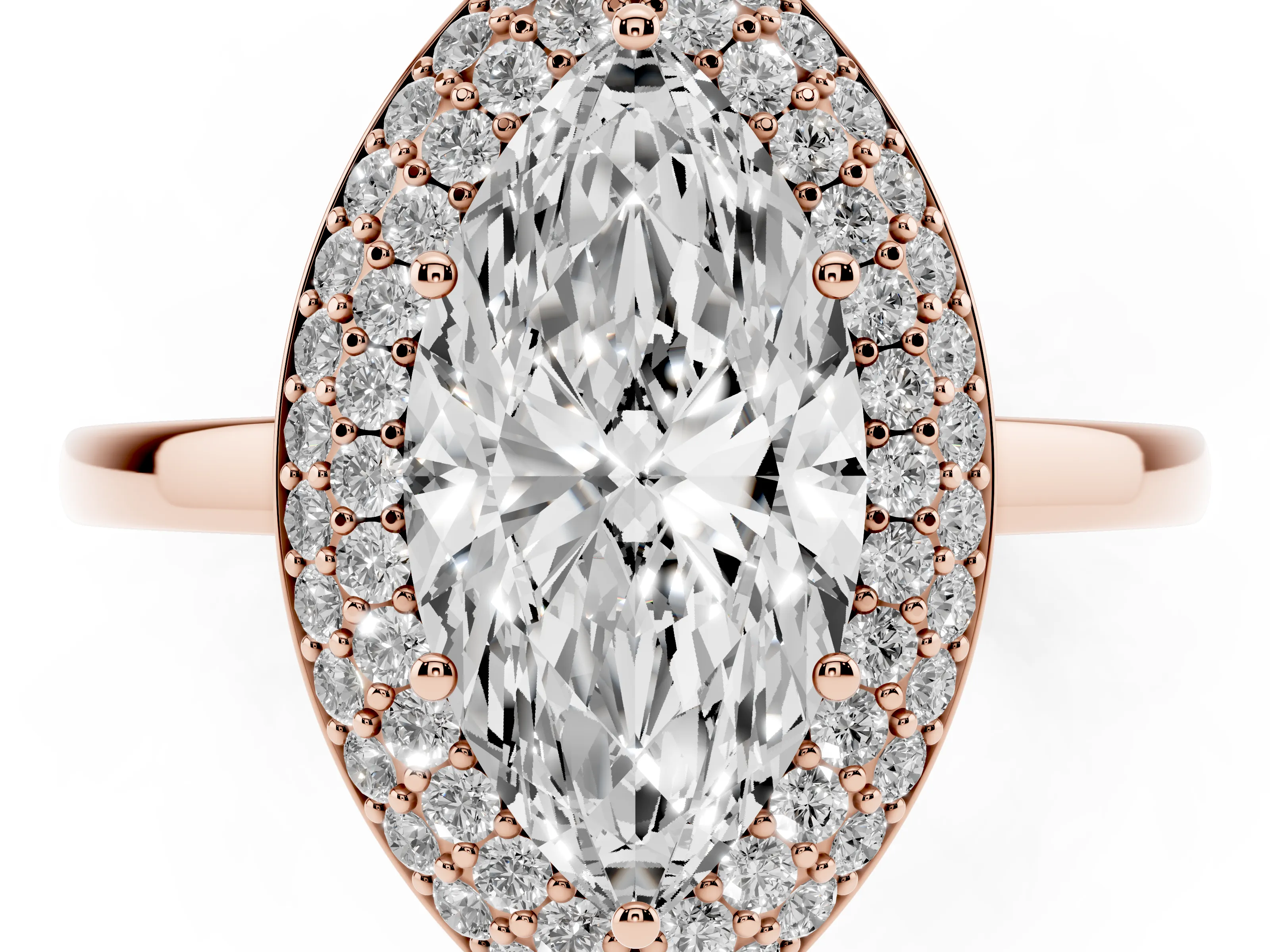 Marquise Cut Diamond Halo Engagement Ring Set in Rose gold with Solitaire Band and Prong Setting