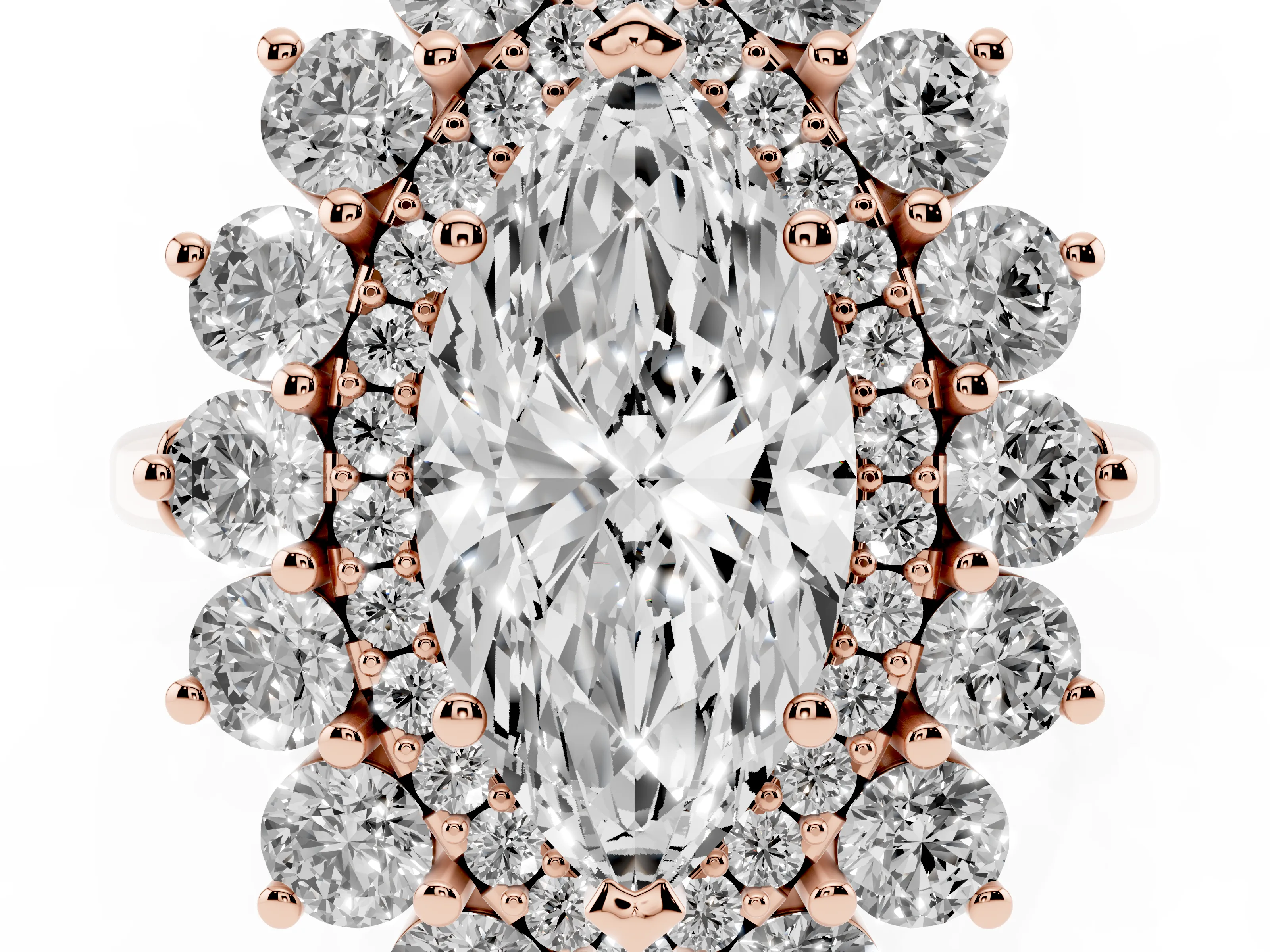 Marquise Cut Diamond Floral Double Halo Ring Set in Rose gold with Round Petals