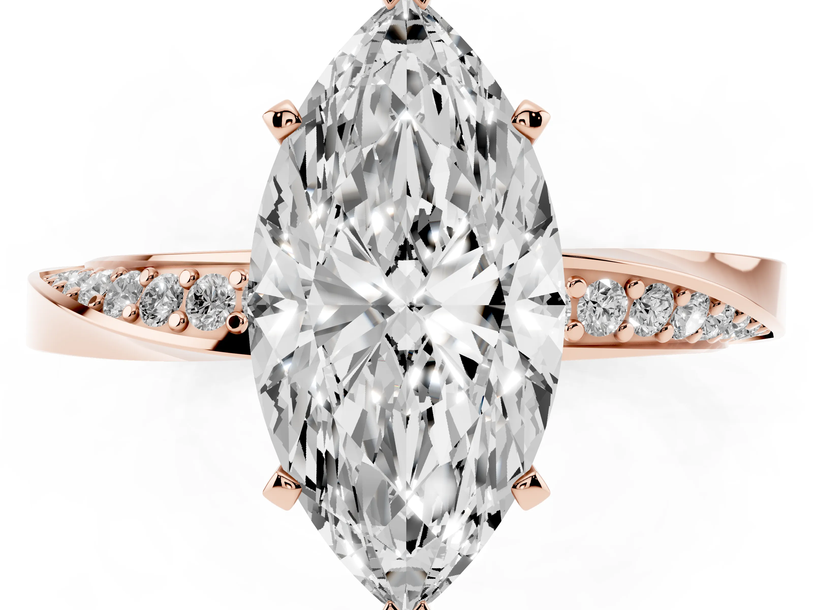 Marquise Cut Diamond Engagement Ring Set in Rose gold with Side Stone Accents and Prong Setting