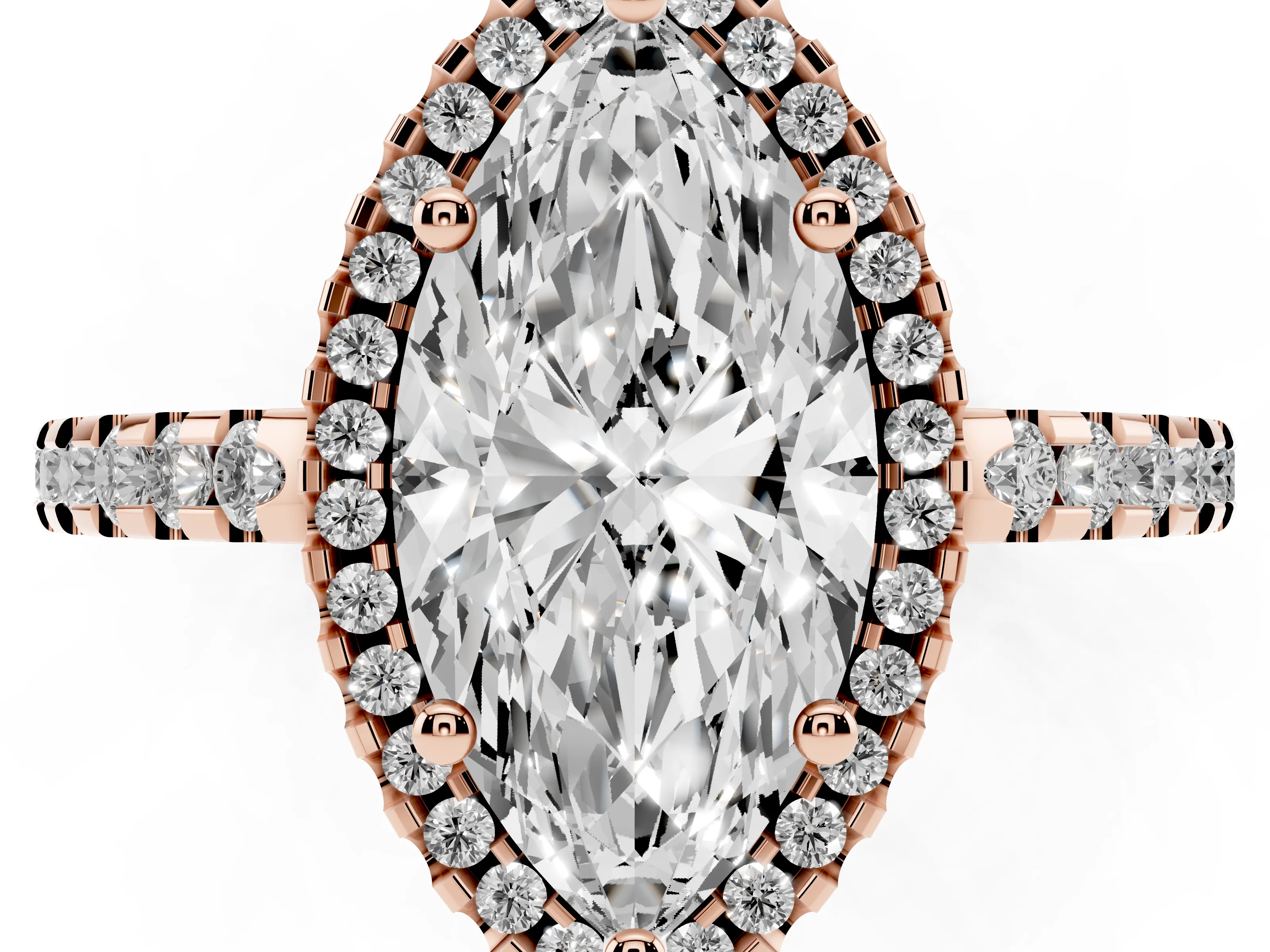 Marquise Cut Diamond Halo Ring Set in Rose gold with Pavé Shoulders and Halo-Framed Center