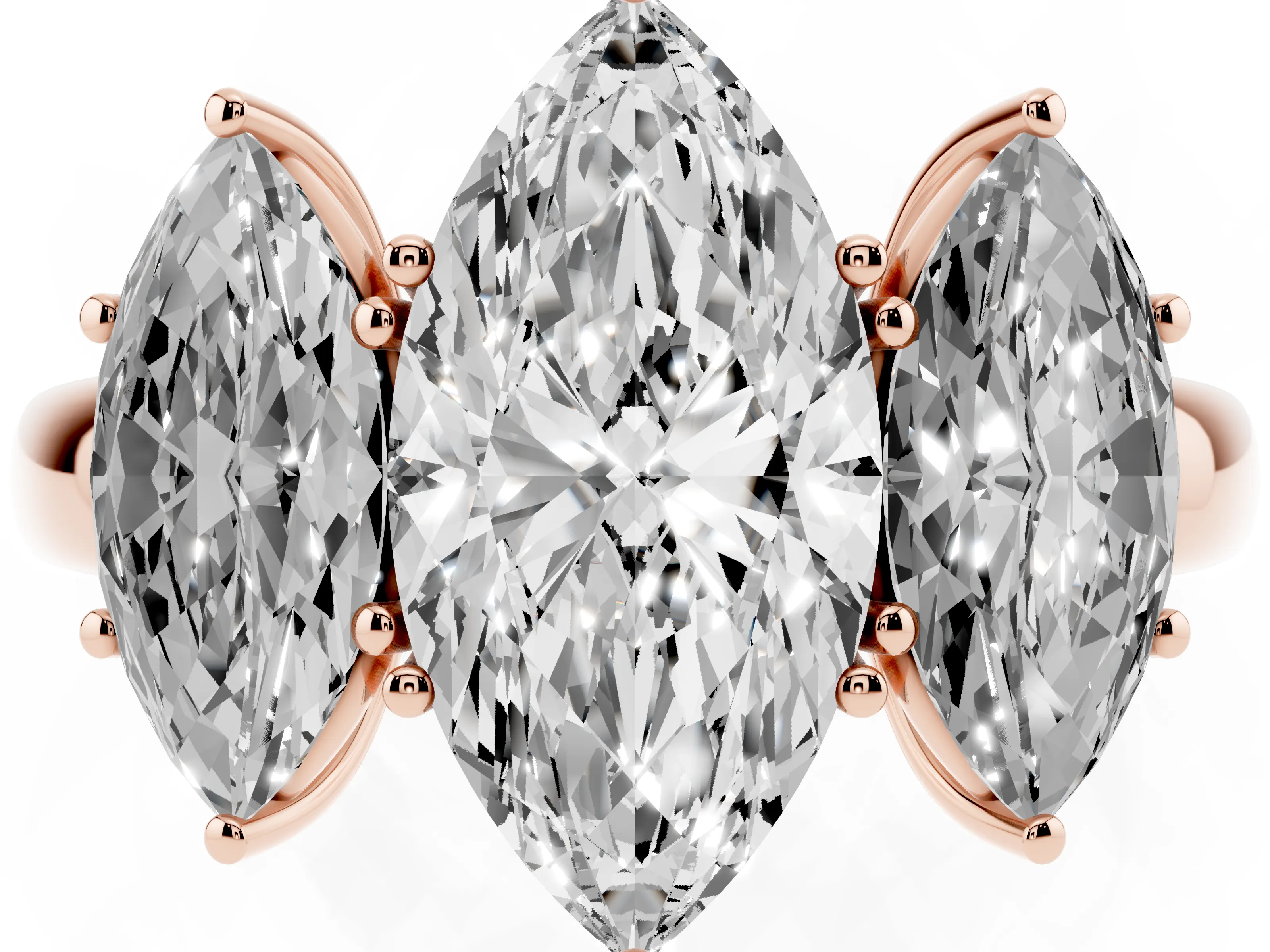 Marquise Cut Diamond Three-Stone Ring Set in Rose gold with Bold Center and Classic Band