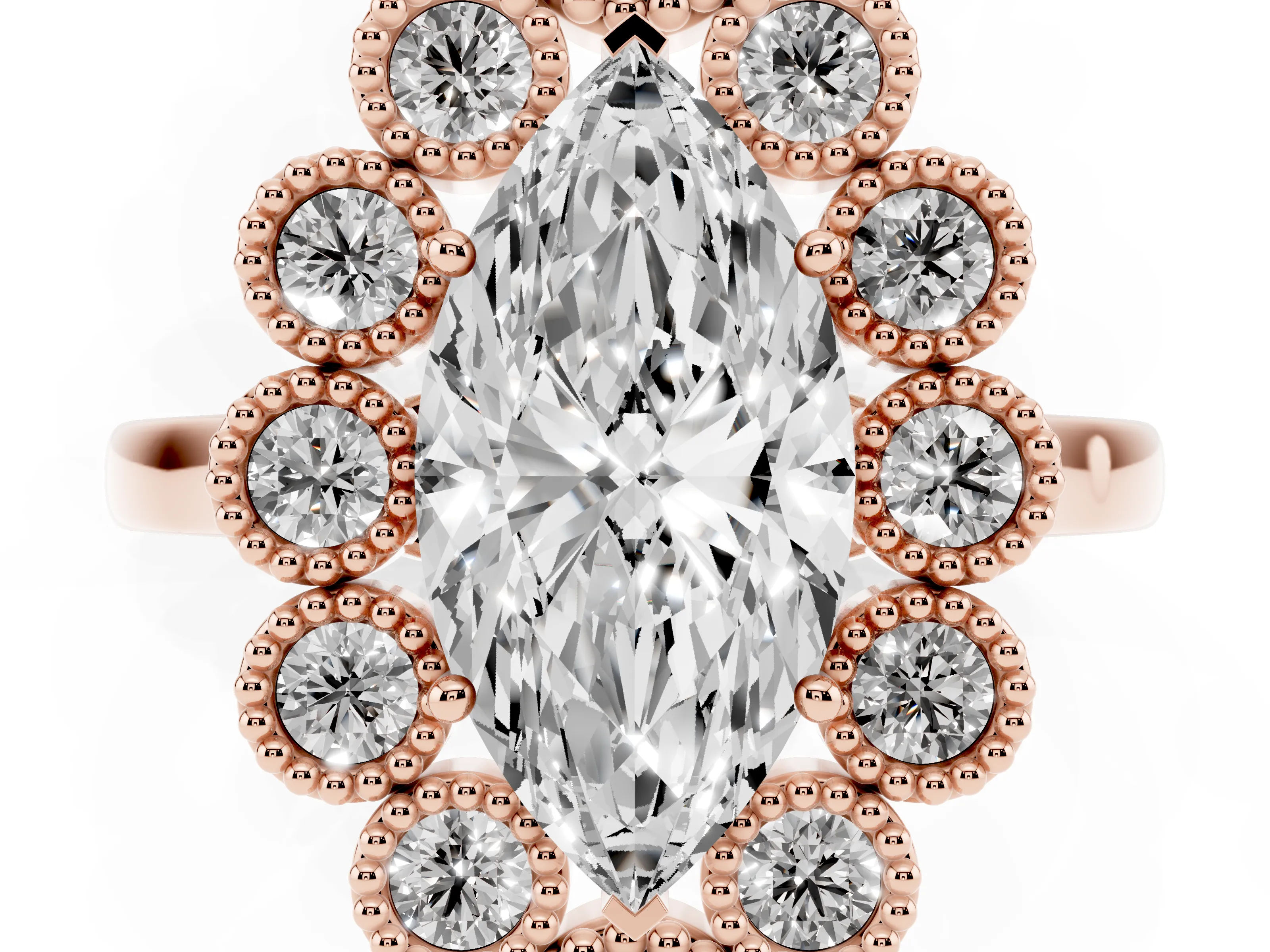 Marquise Cut Diamond Cluster Halo Ring Set in Rose gold with Milgrain Bezel Accents and Plain Band