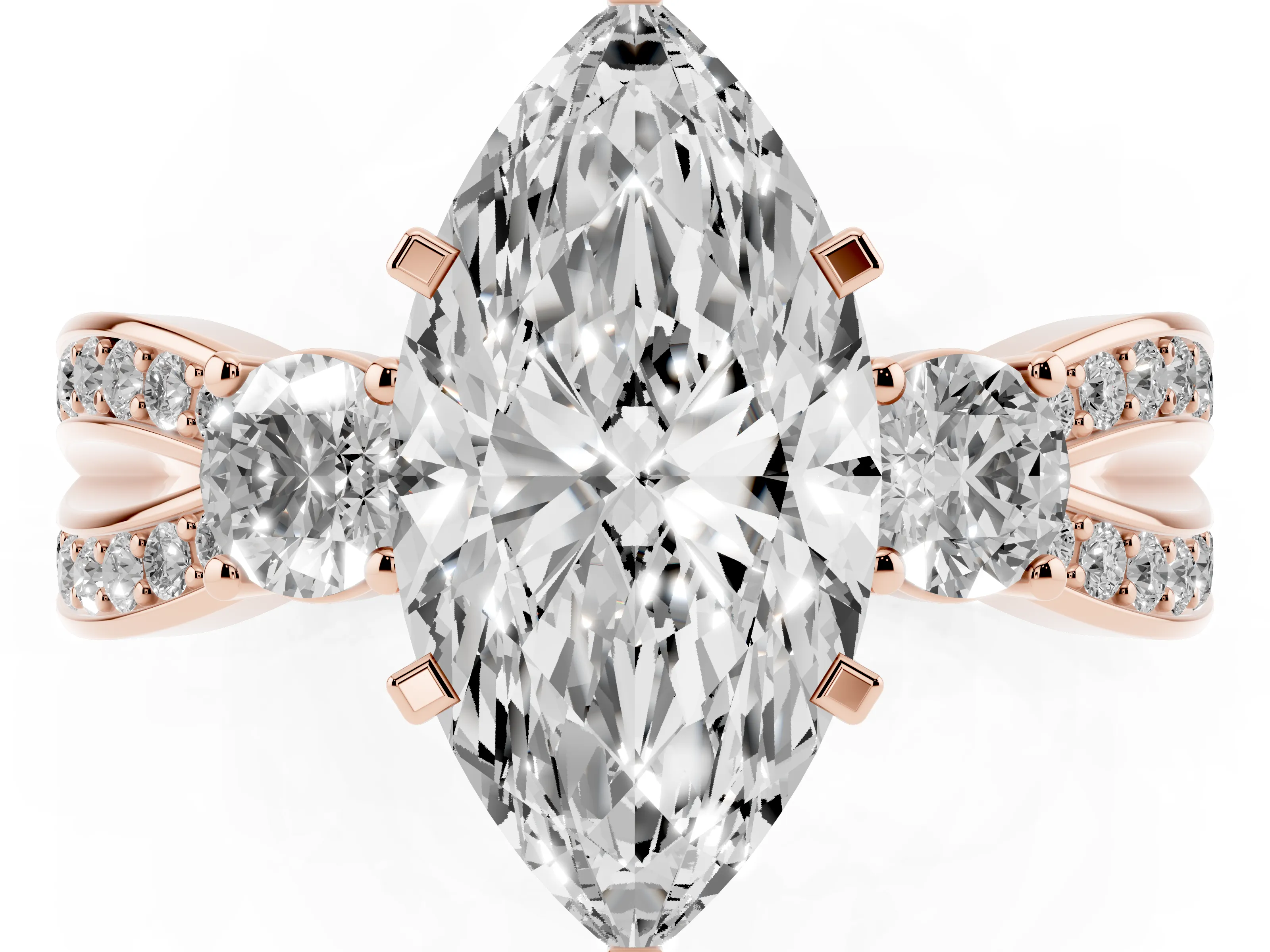Three-Stone Marquise Cut Diamond Twist Band Ring Set in Rose gold with Pavé Accents and Prong Setting