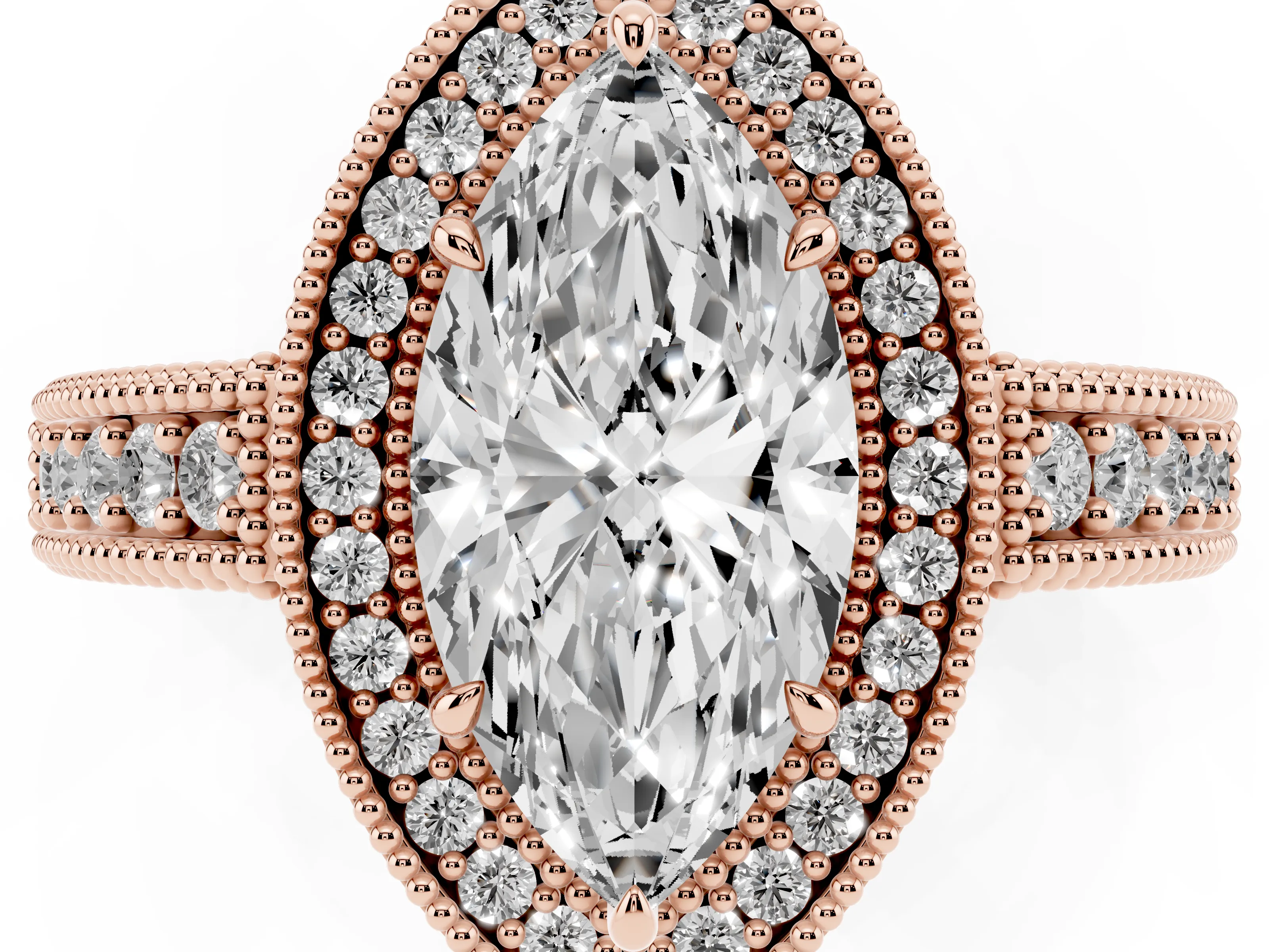 Marquise Cut Diamond Halo Ring Set in Rose gold with Round Accent Halo, Pavé Band and Prong Setting
