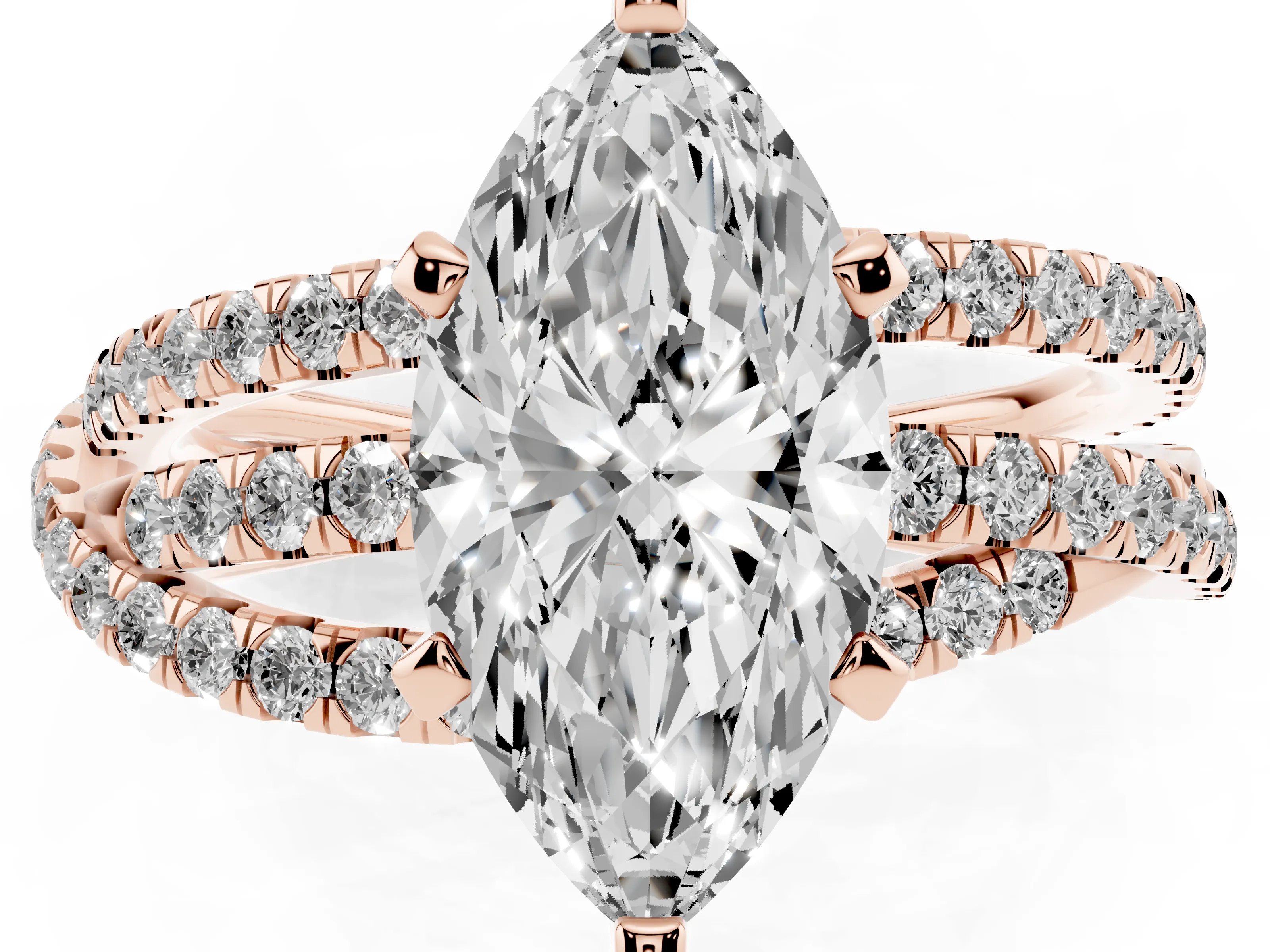 Marquise Cut Diamond Solitaire Twist Band Ring Set in Rose gold with Pavé Setting and Prong Head